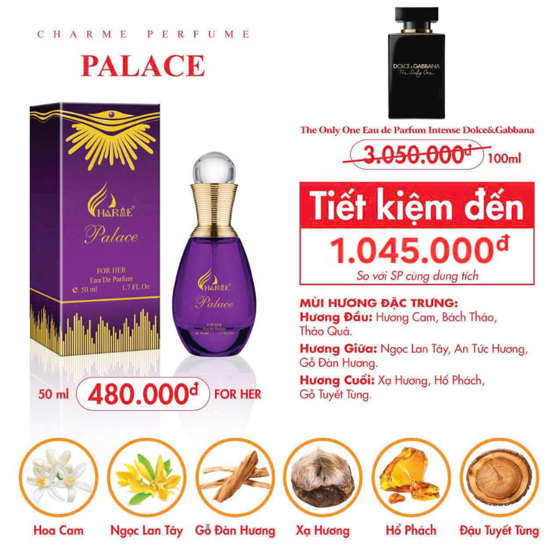 Bảng nốt hương đặc trưng và dung tích 50ml trên thiết kế giới thiệu
