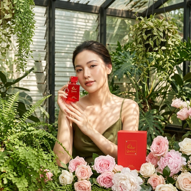 Người mẫu cầm chai giữa không gian hoa lá, gợi phong cách nữ tính mềm mại