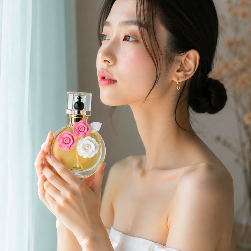 Người dùng cầm chai nước hoa trong không gian nhẹ nhàng