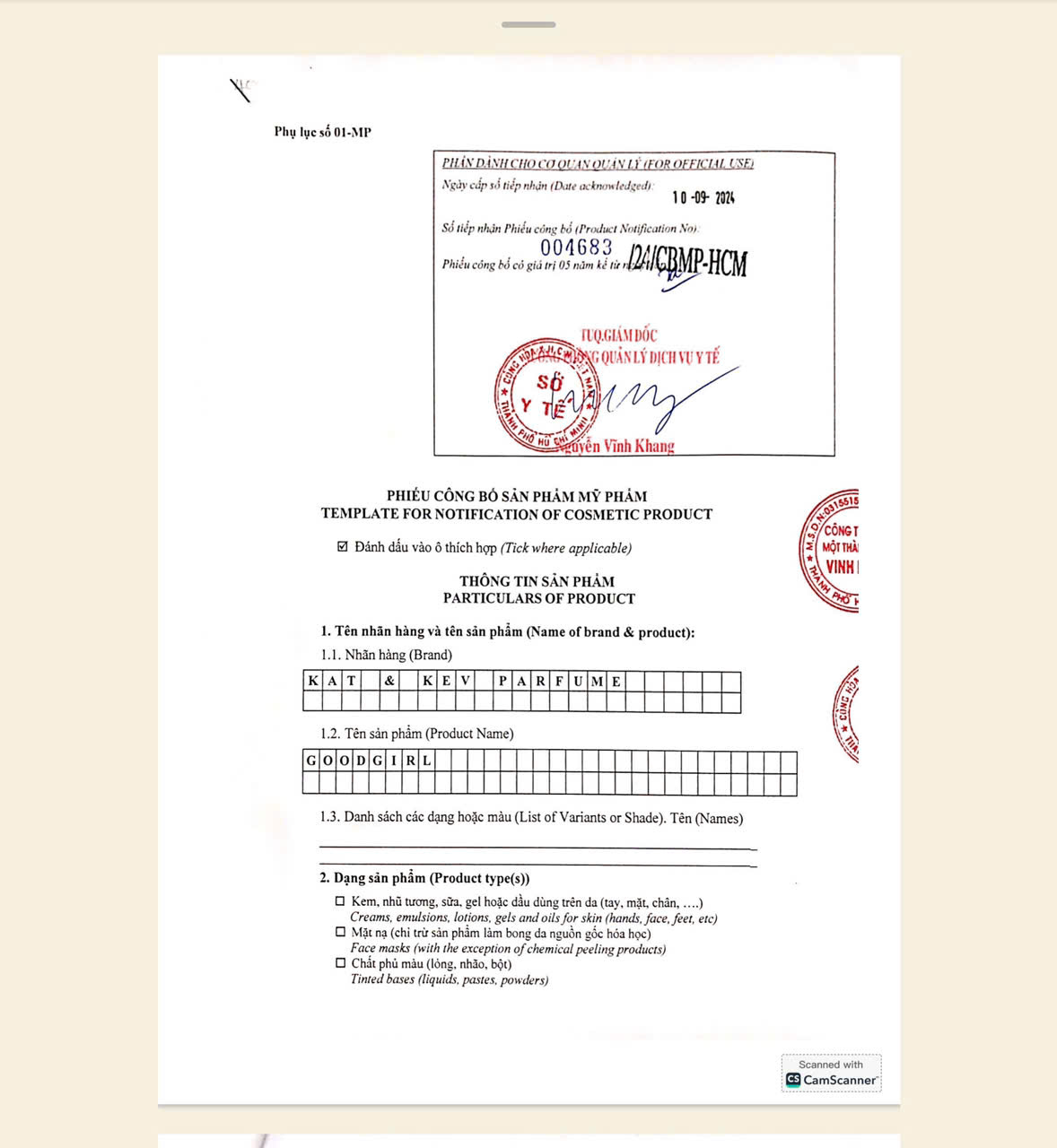 Phiếu công bố mỹ phẩm của sản phẩm