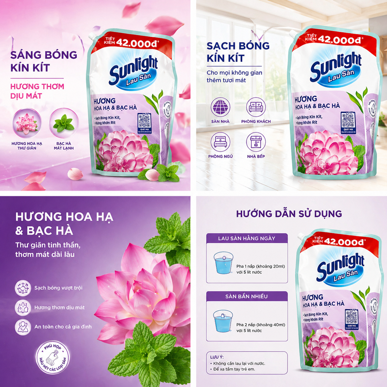 Nước Lau Sàn Túi Sunlight Hương Hoa Hạ & Bạc Hà 3.6kg