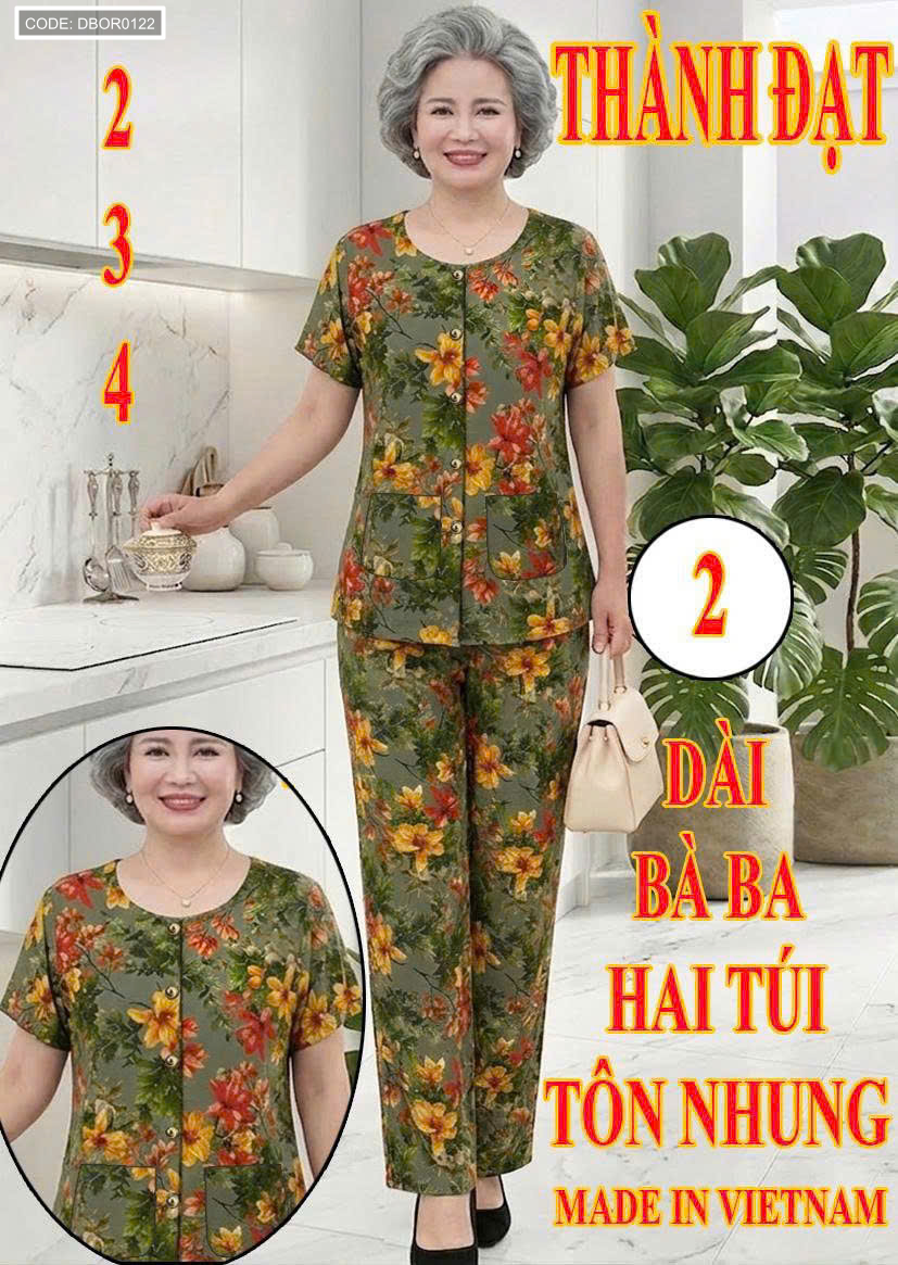 Mẫu mặc thực tế với áo tay ngắn và quần dài đồng bộ