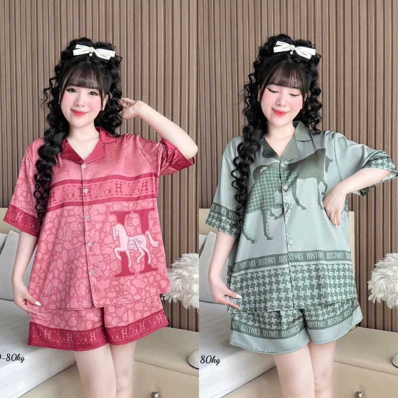 Hình ảnh Đồ Bộ Ngủ Tay Ngắn Quần Đùi Nữ Họa Tiết Sang Trọng Mặc Mát Thoải Mái Big Size 50–80kg trong bộ sưu tập pijama
