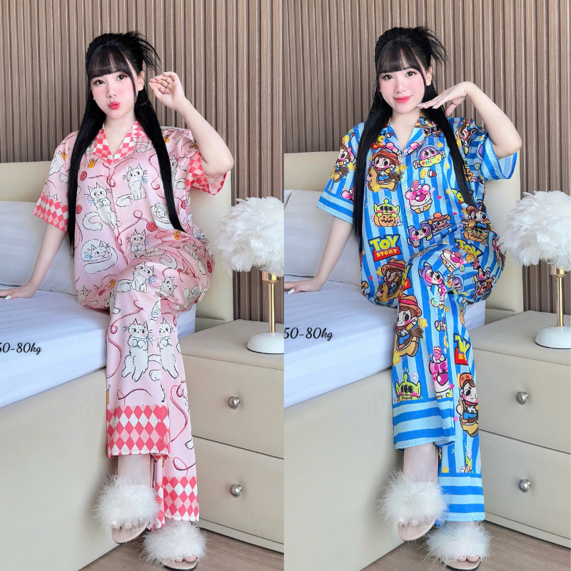 Khám phá Đồ Bộ Ngủ Nữ - Đồ Bộ Tay Ngắn Quần Dài Họa Tiết Hoạt Hình Dễ Thương Mặc Mát Thoải Mái Big Size 50–80kg thuộc nhóm pijama