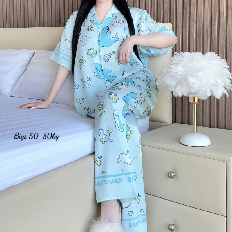 Đồ Bộ Ngủ Nữ Pijama Tay Ngắn Quần Dài Họa Tiết Hoạt Hình Big Size 50–80kg Size 50