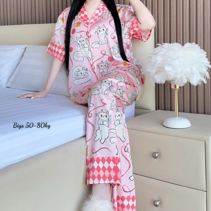 Đồ Bộ Ngủ Nữ Pijama Tay Ngắn Quần Dài Họa Tiết Hoạt Hình Big Size 50–80kg Size 50