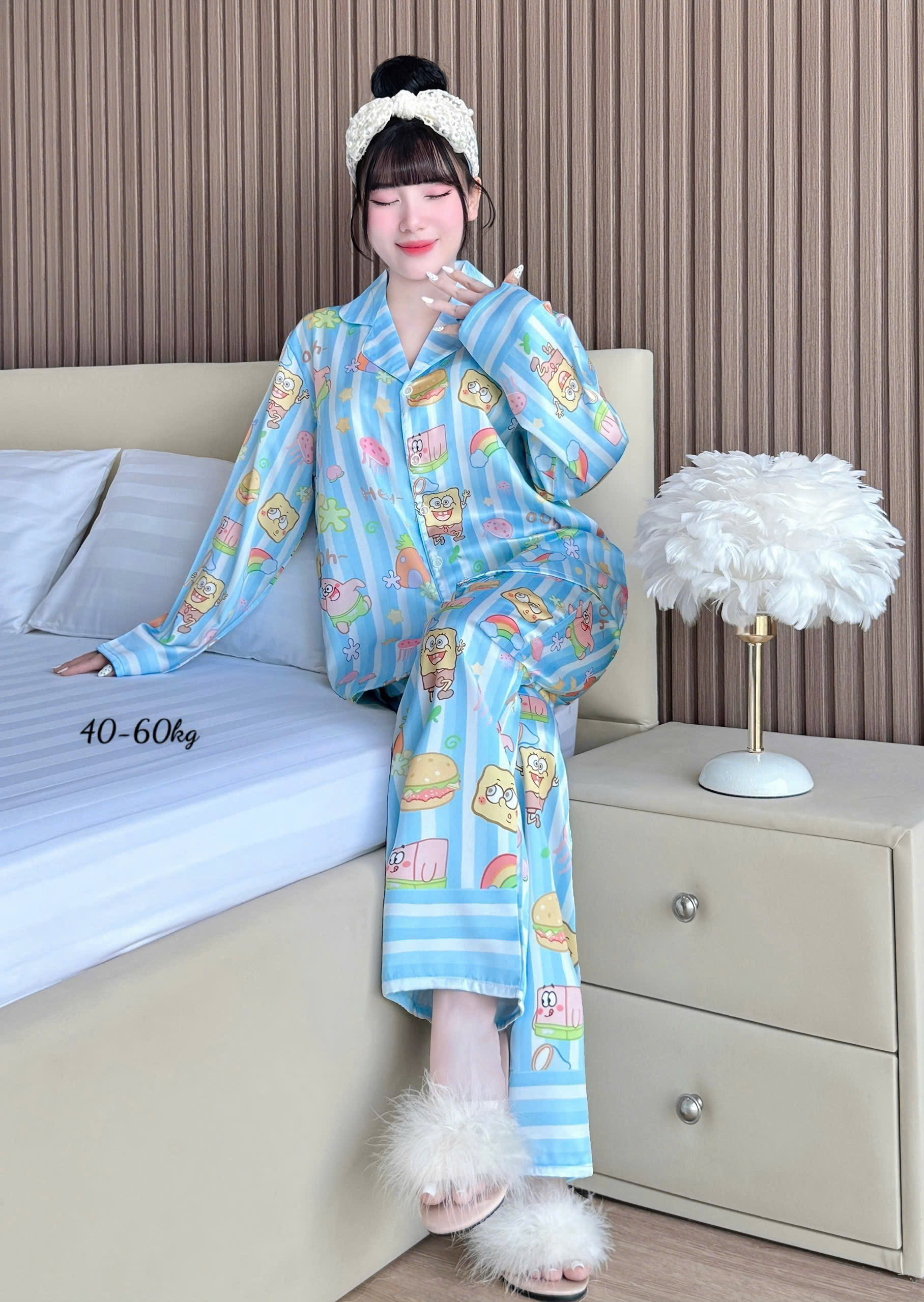 Đồ Bộ Ngủ Nữ Pijama Tay Dài Quần Dài Họa Tiết Đơn Giản Size 40–60kg