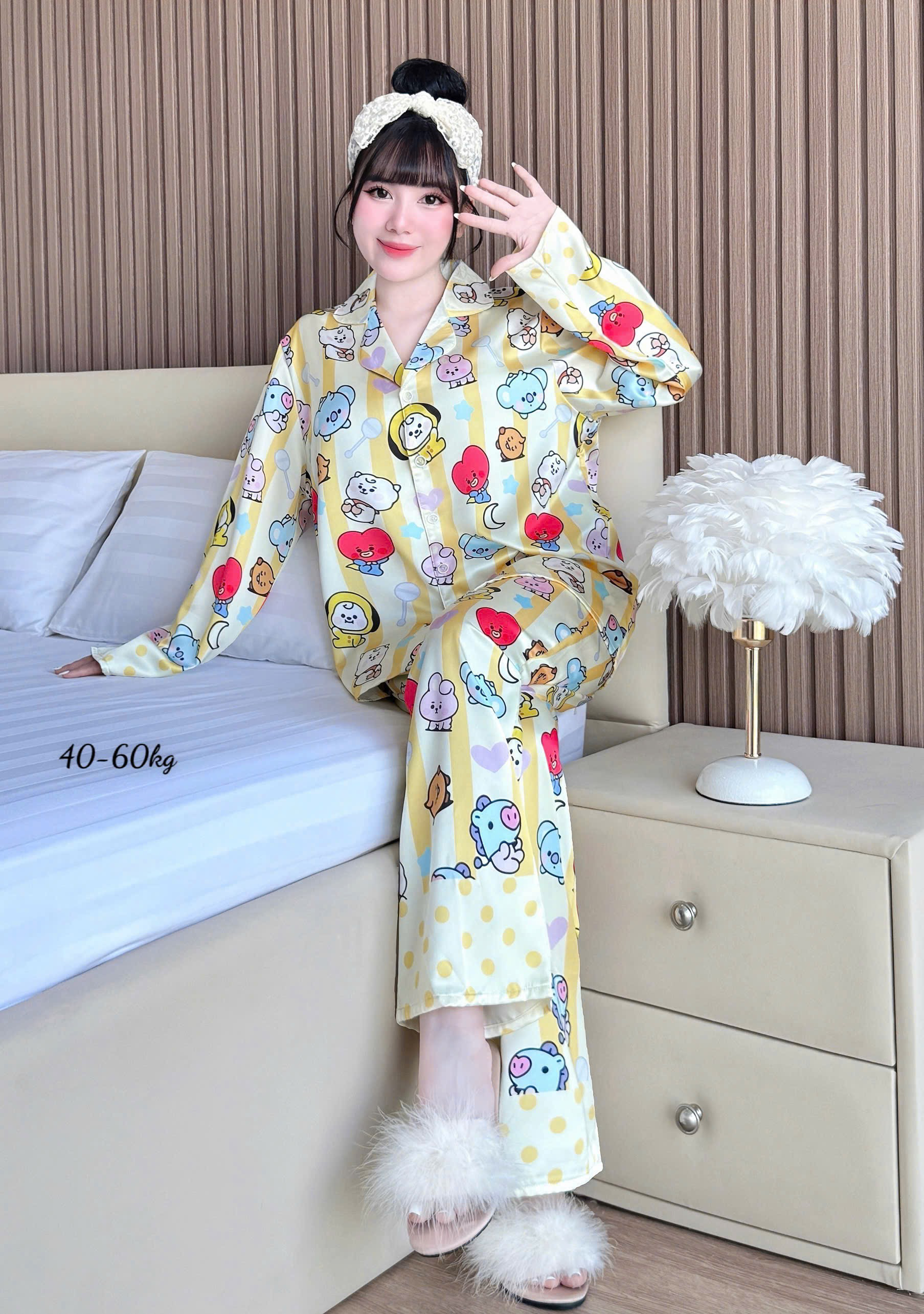 Đồ Bộ Ngủ Nữ Pijama Tay Dài Quần Dài Họa Tiết Đơn Giản Size 40–60kg