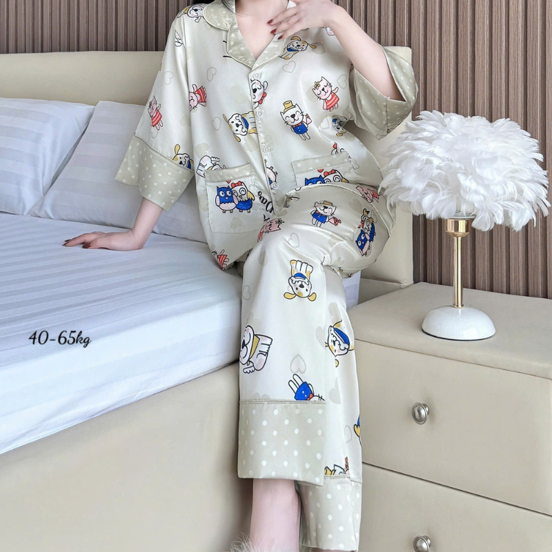 Đồ Bộ Ngủ Nữ Tay Lỡ Quần Dài Họa Tiết Đơn Giản Chất Latin Size 40–65kg