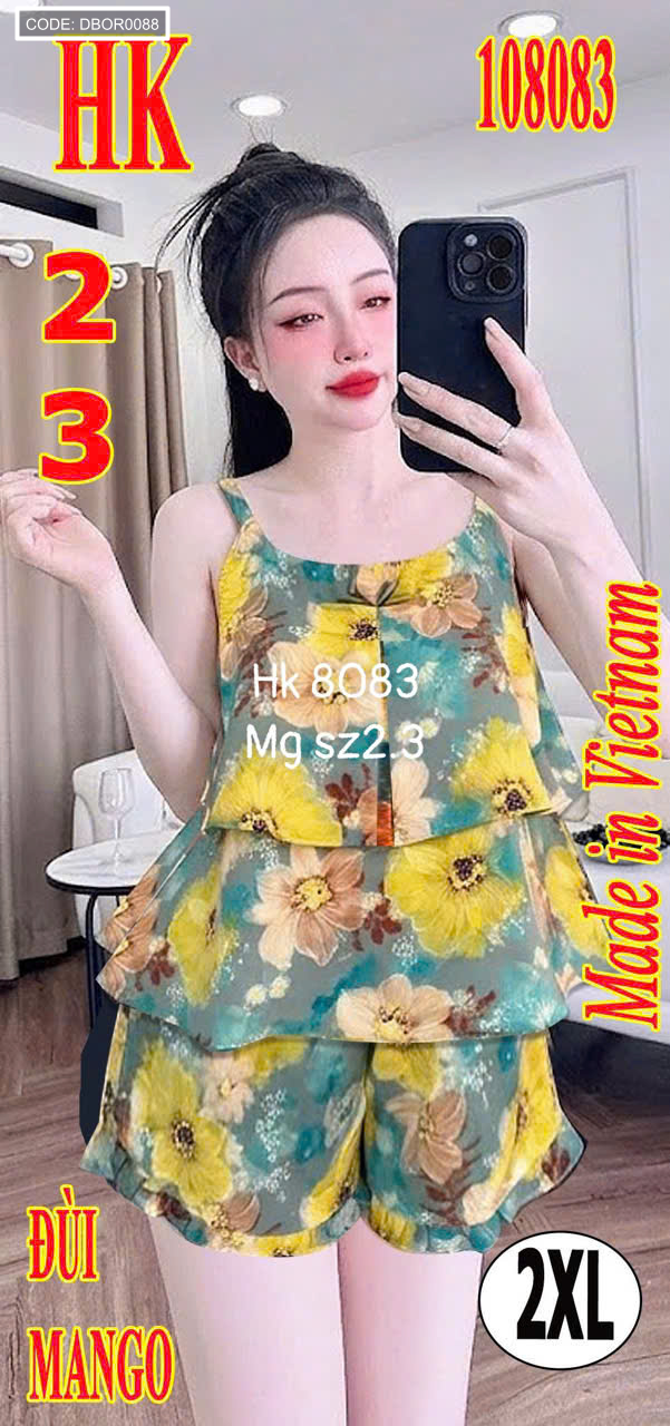 Đồ bộ nữ mặc nhà áo 2 dây quần đùi vải mango hoa HK 8083
