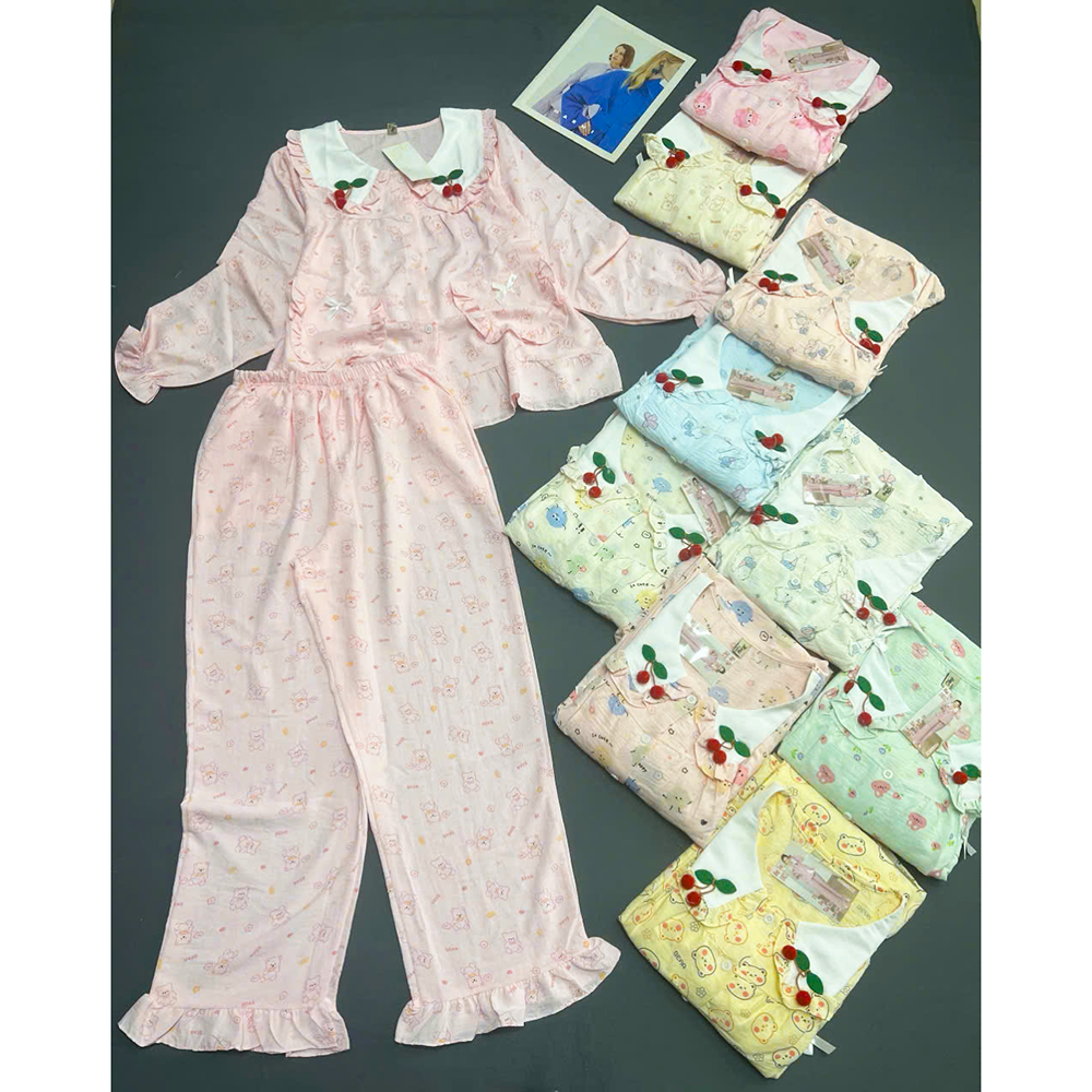Khám phá Đồ Bộ Nữ Áo Cổ Sen Tay Dài Quần Dài Họa Tiết Gấu Đáng Yêu Vải Cotton Hàn Mịn Mát Size 45-62kg thuộc nhóm đồ bộ nữ