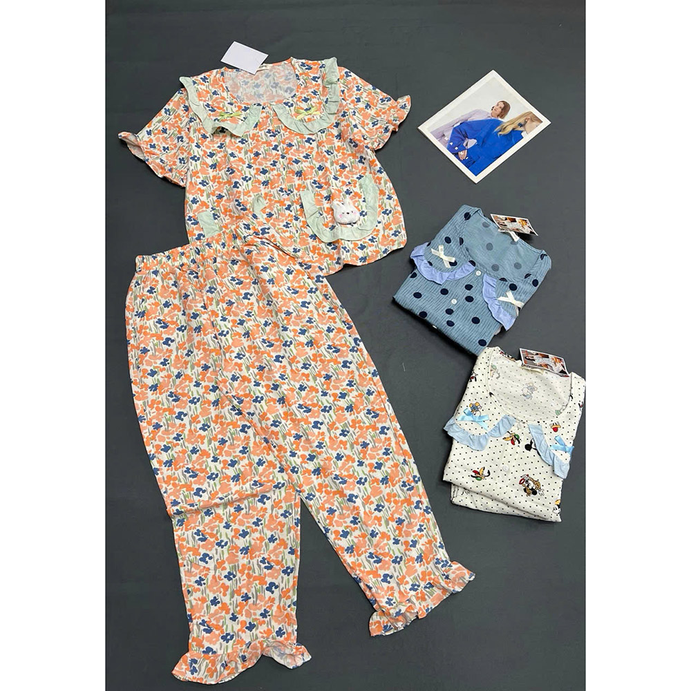 Đồ Bộ Nữ Cổ Sen Tay Ngắn Quần Dài Họa Tiết Vải Cotton Hàn Size 45-62kg