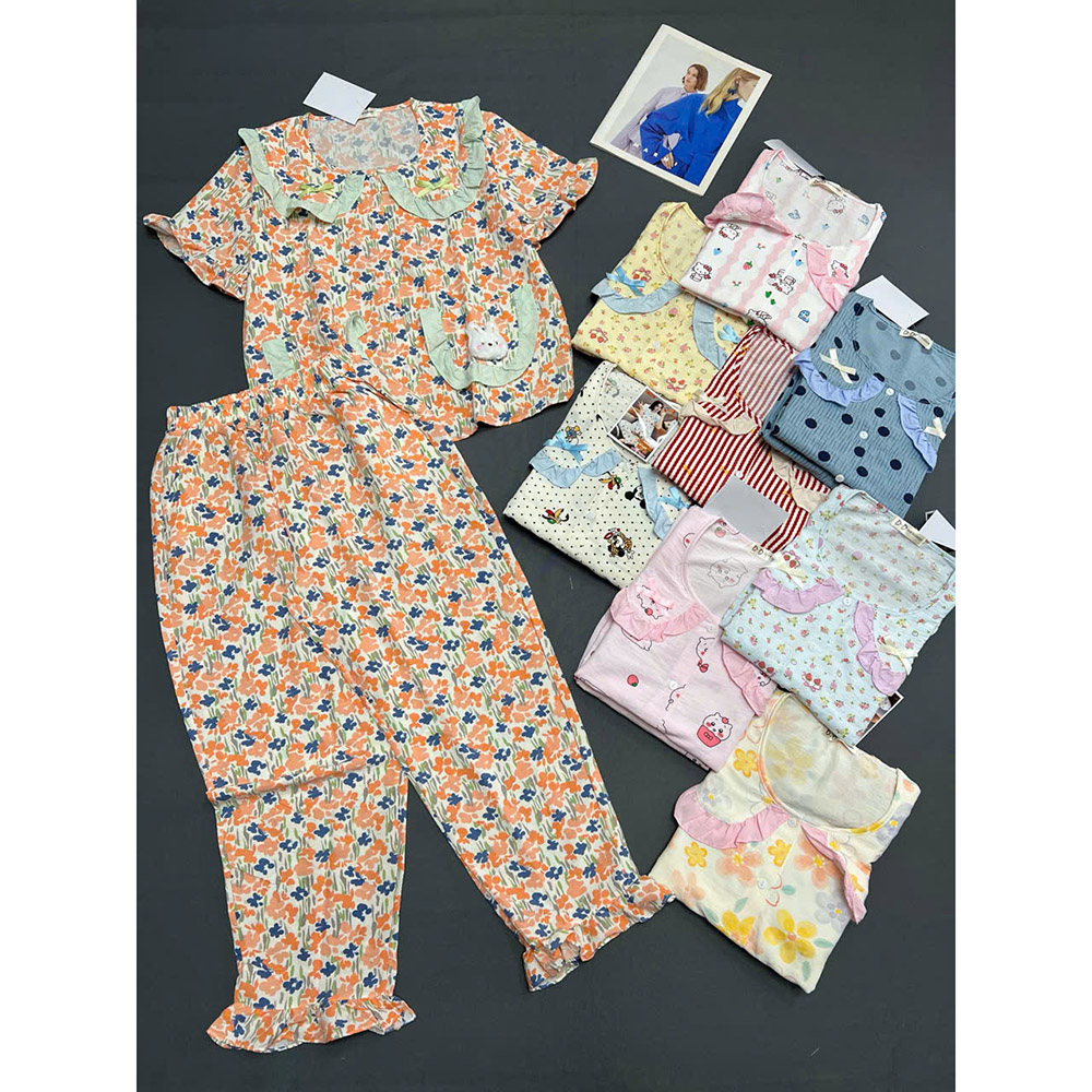 Đồ Bộ Nữ Cổ Sen Tay Ngắn Quần Dài Họa Tiết Vải Cotton Hàn Size 45-62kg