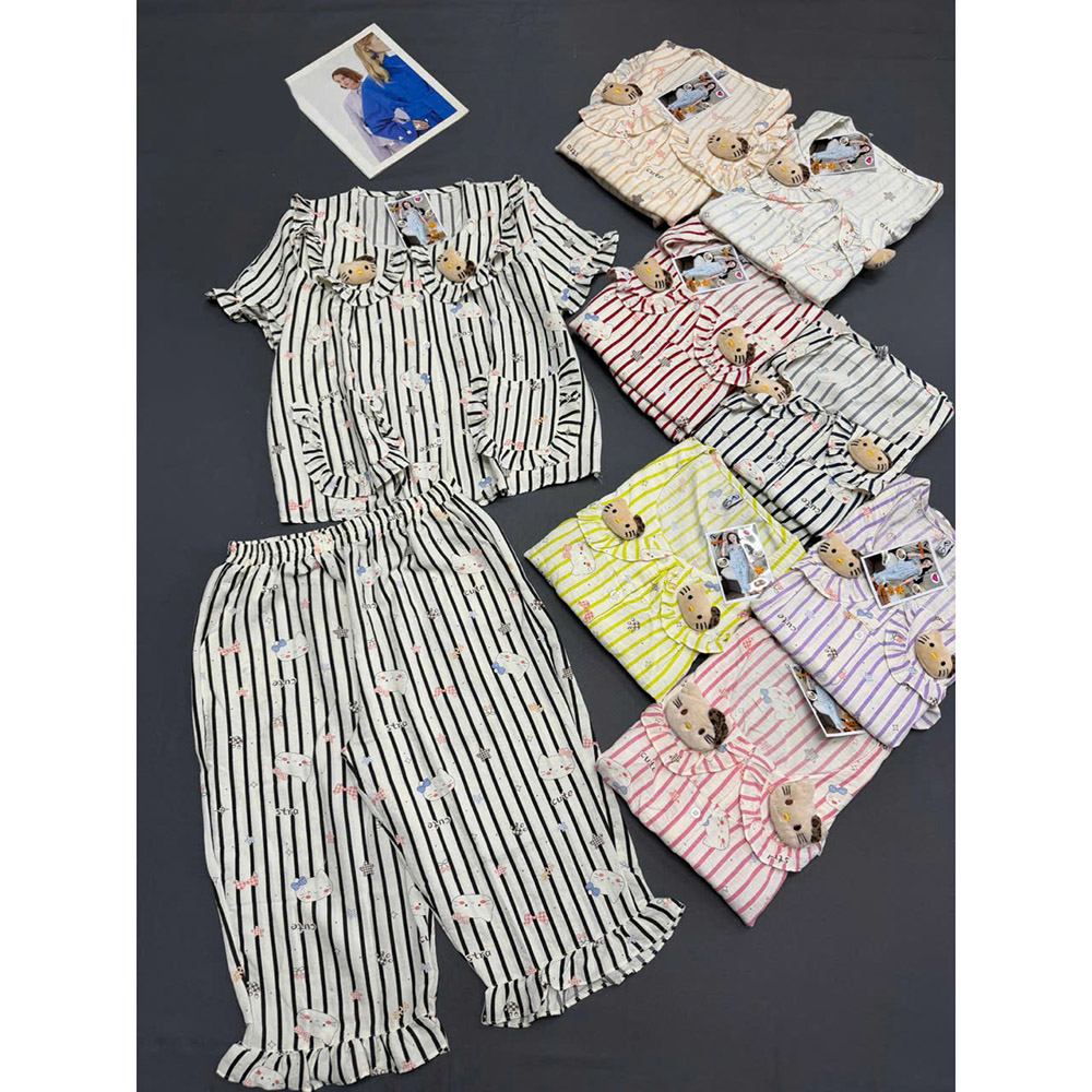 Đồ Bộ Nữ Áo Cổ Sen Tay Ngắn Quần Lửng Họa Tiết Gấu Đáng Yêu Vải Cotton Hàn Mịn Mát Size 45-62kg phù hợp để tham khảo khi chọn đồ bộ nữ