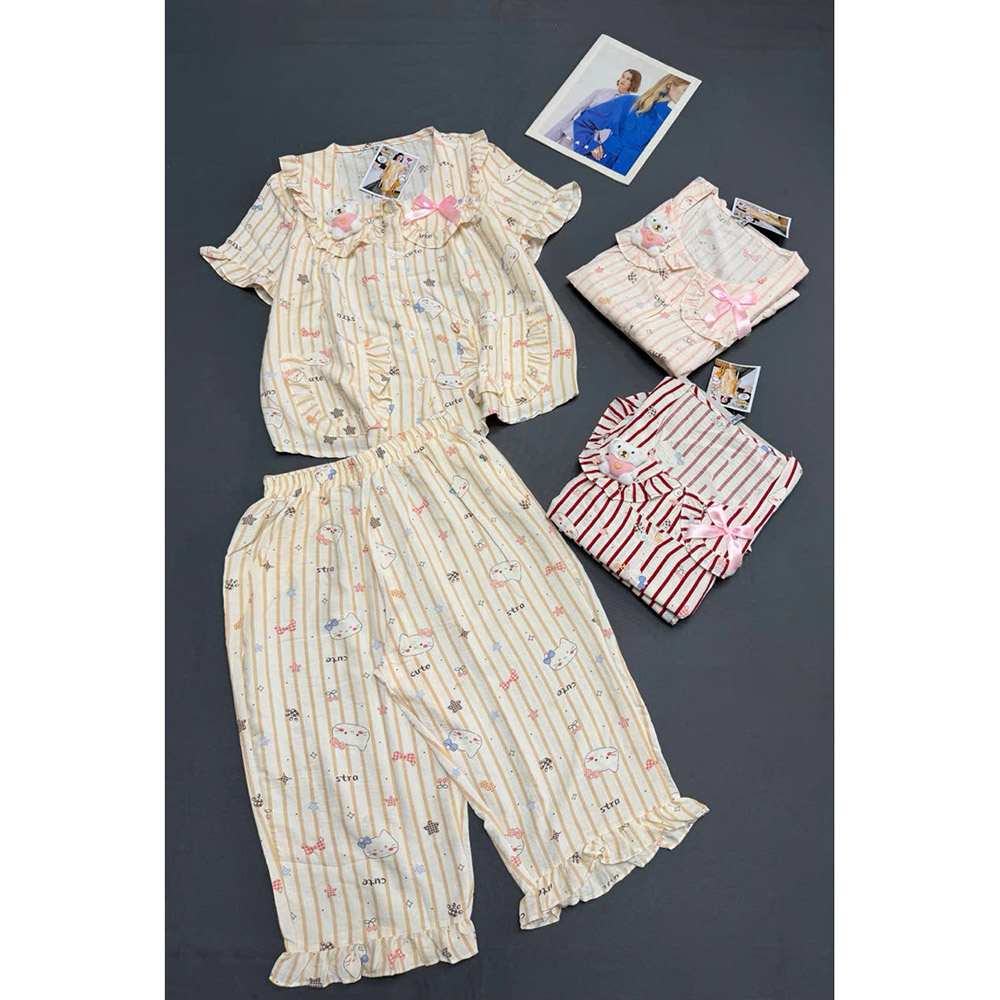Đồ Bộ Nữ Áo Cổ Sen Tay Ngắn Quần Lửng Họa Tiết Gấu Vải Cotton Hàn Size 45-62kg