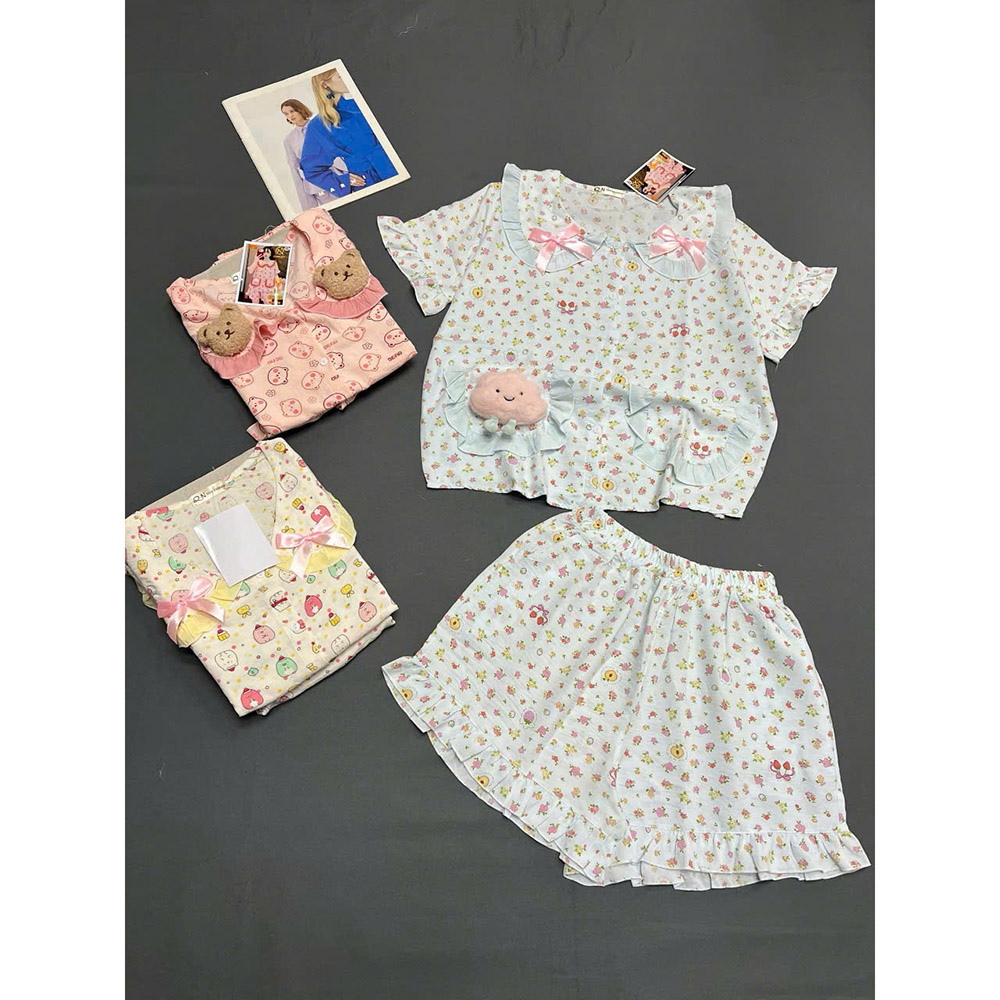 Đồ Bộ Nữ Mặc Nhà Áo Cổ Sen Tay Ngắn Quần Đùi Họa Tiết Dễ Thương Vải Cotton Hàn Size 45-62kg