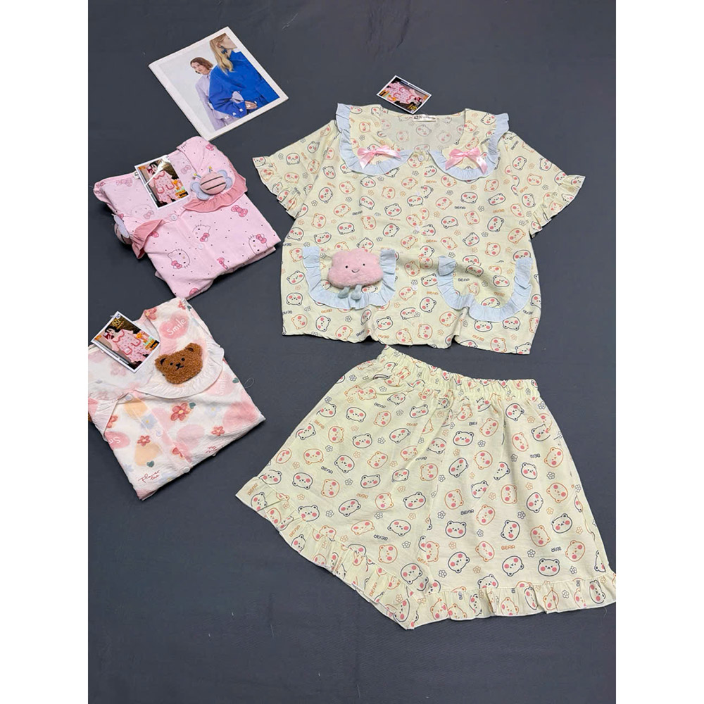 Đồ Bộ Nữ Mặc Nhà Áo Cổ Sen Tay Ngắn Quần Đùi Họa Tiết Dễ Thương Vải Cotton Hàn Size 45-62kg