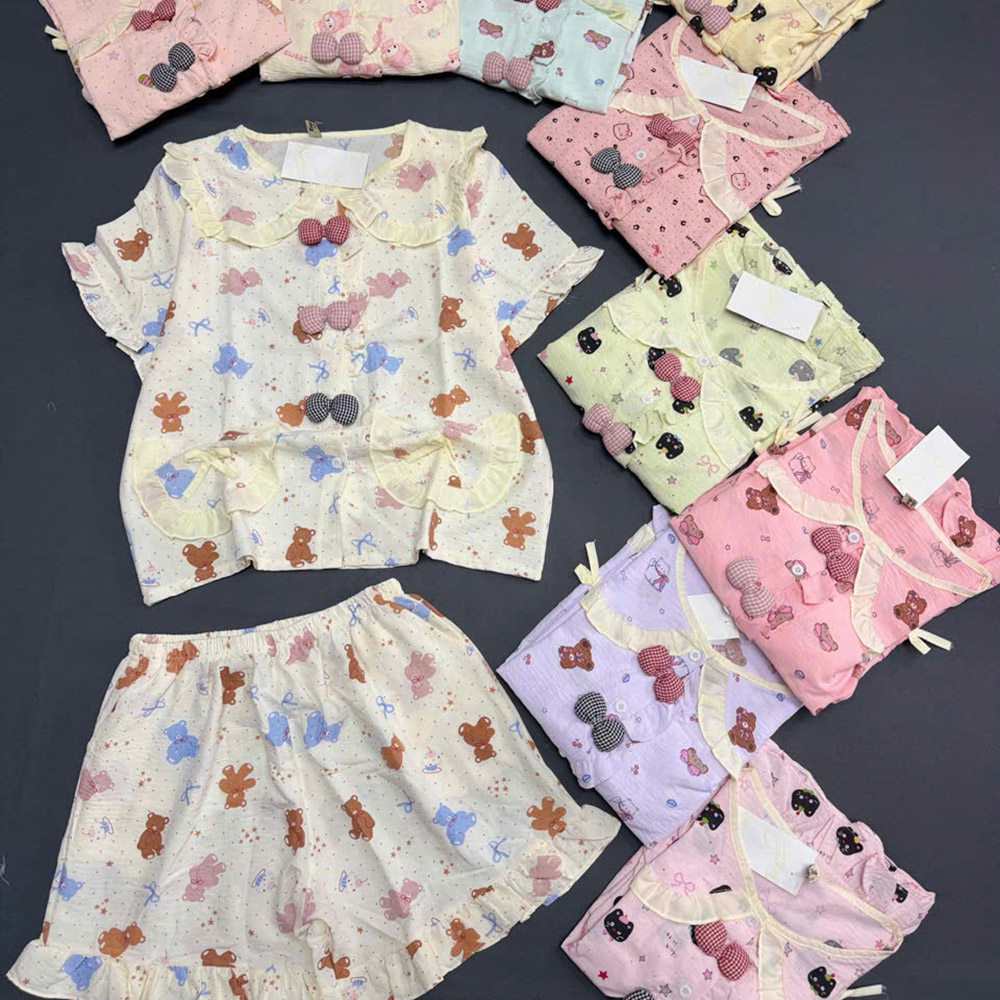 Đồ Bộ Nữ Cổ Sen Tay Ngắn Quần Đùi Họa Tiết Gấu Vải Cotton Hàn Size 45-62kg