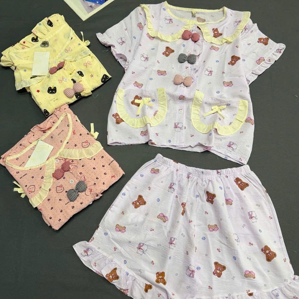 Đồ Bộ Nữ Cổ Sen Tay Ngắn Quần Đùi Họa Tiết Gấu Vải Cotton Hàn Size 45-62kg