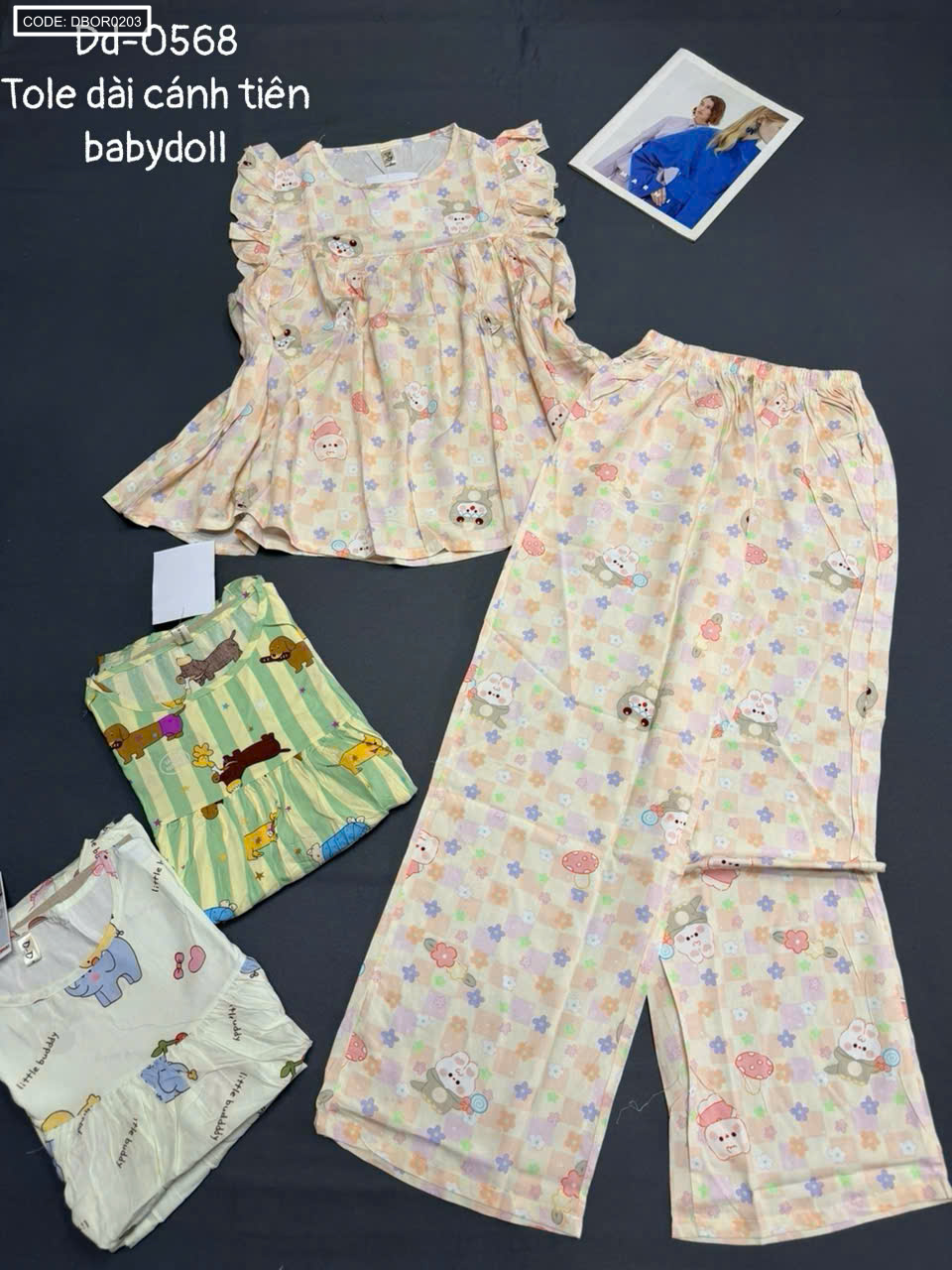 Đồ bộ nữ mặc nhà vải tole Dd-0568 áo babydoll cánh tiên quần dài freesize 45-58kg