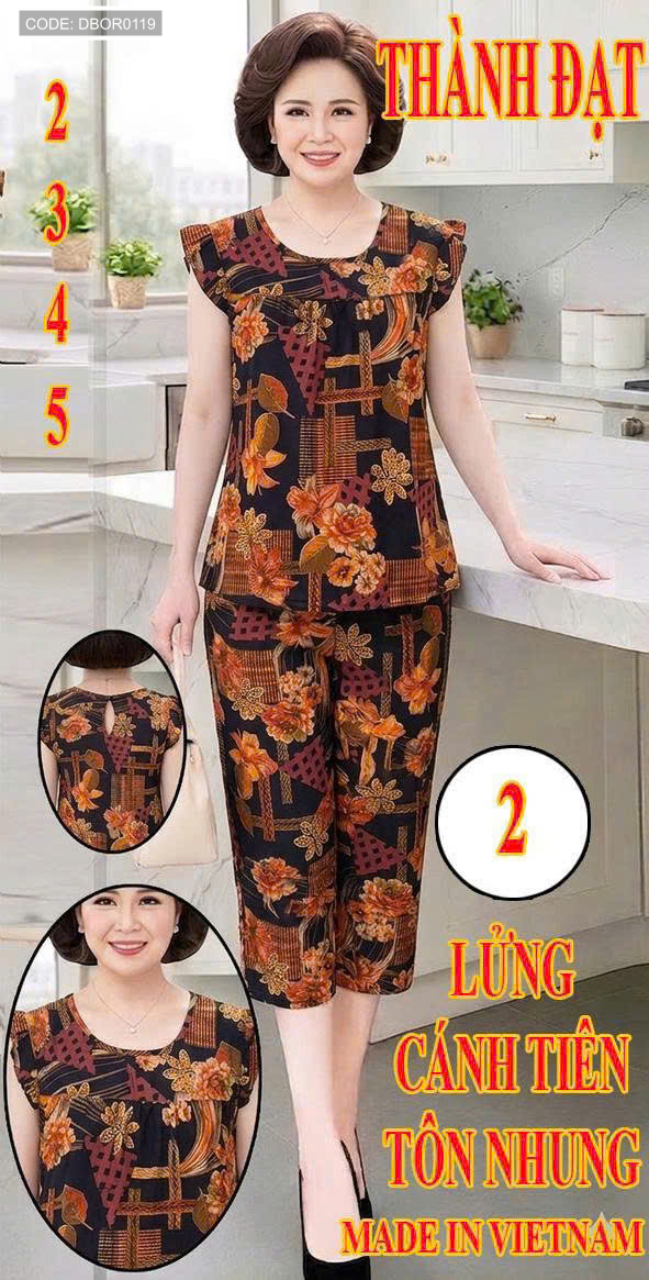 Hình mặc mẫu với áo tay cánh tiên và quần lửng họa tiết nổi bật