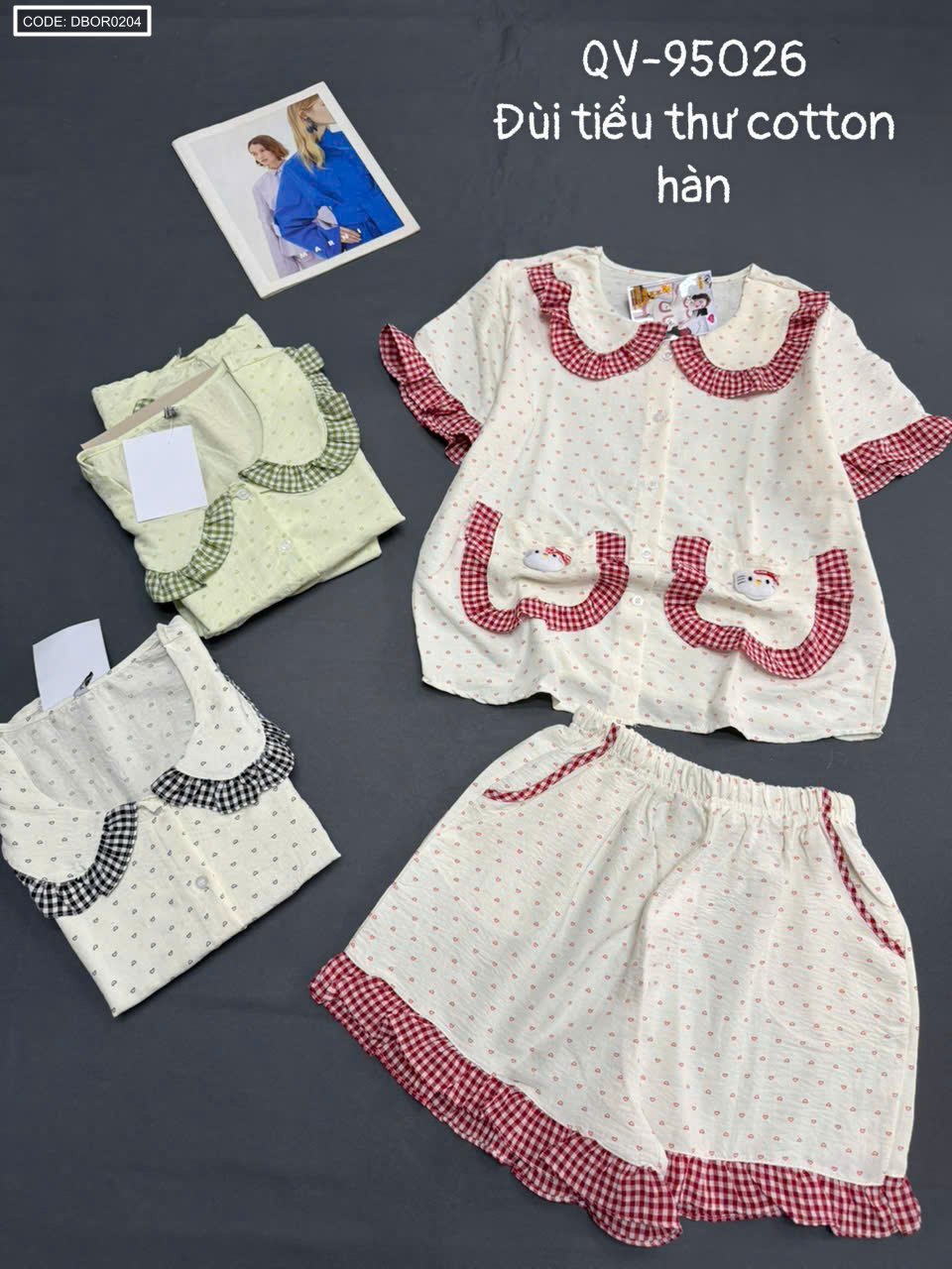 Đồ bộ nữ tay ngắn quần đùi áo bèo cotton hàn QV-95026