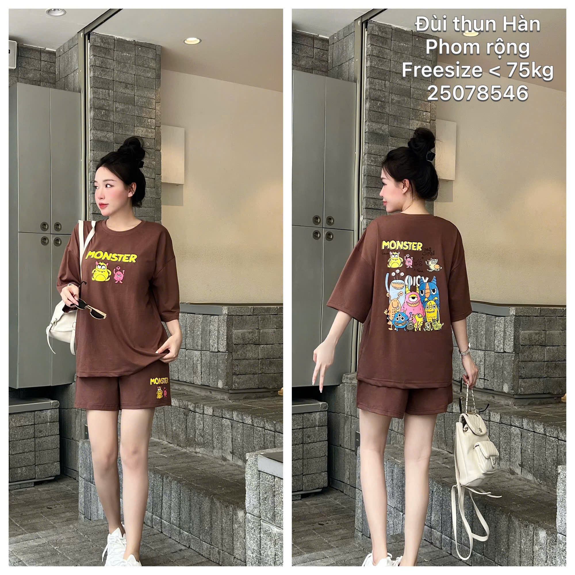 Đồ bộ nữ áo tay ngắn quần đùi thun Hàn phom rộng freesize - 75kg