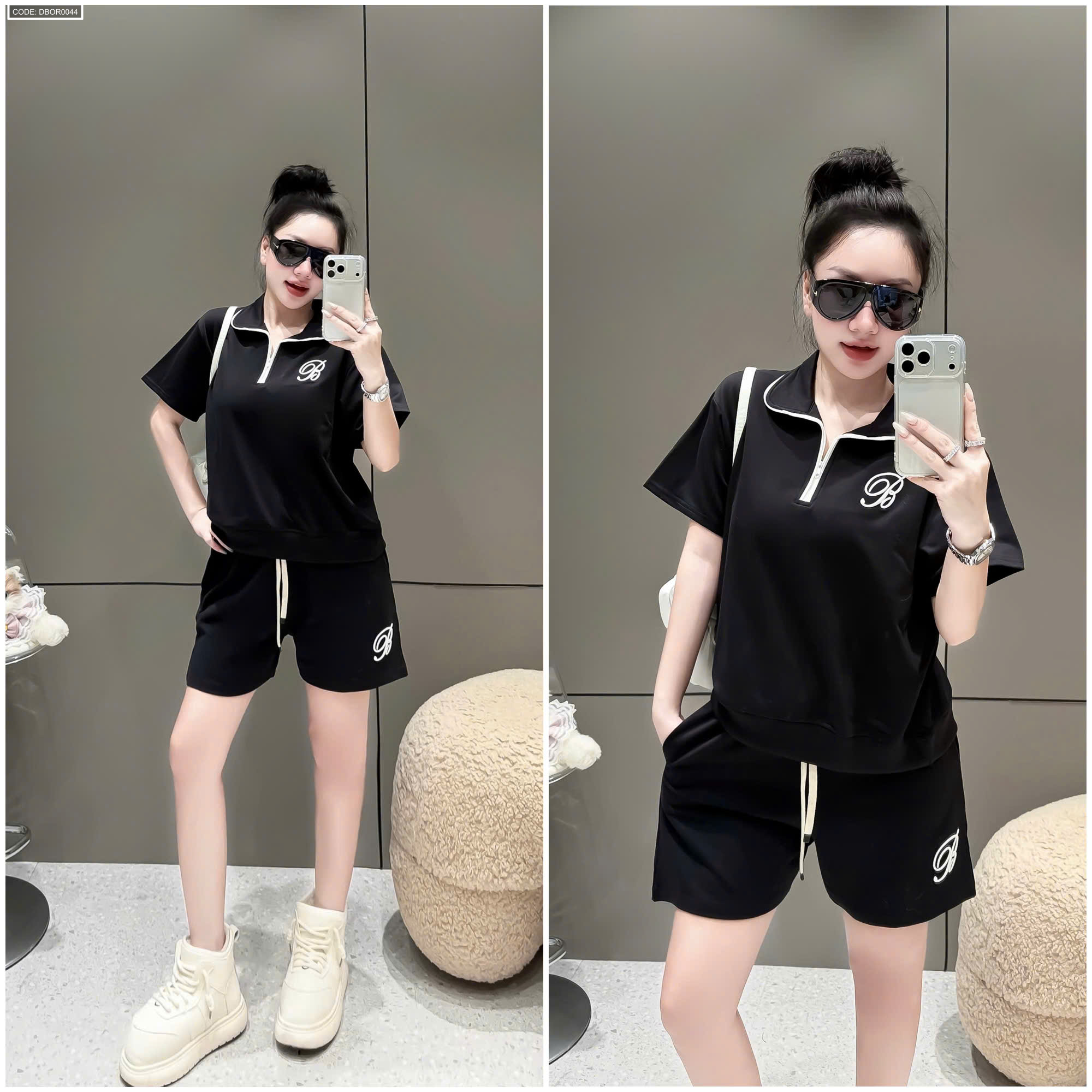 Phiên bản màu đen với cổ bẻ và quần dây rút