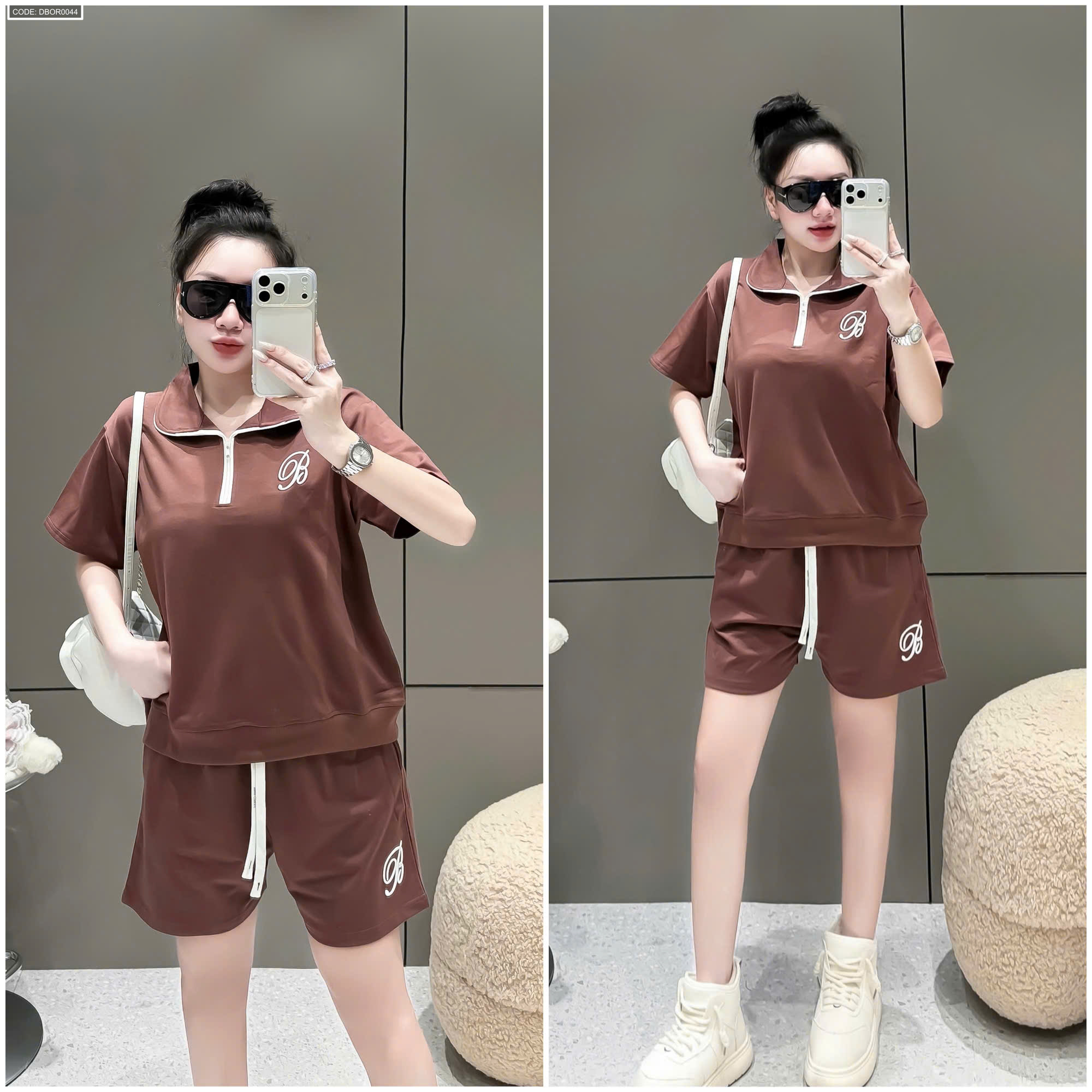 Đồ bộ nữ cổ bẻ quần đùi tay ngắn thun da cá