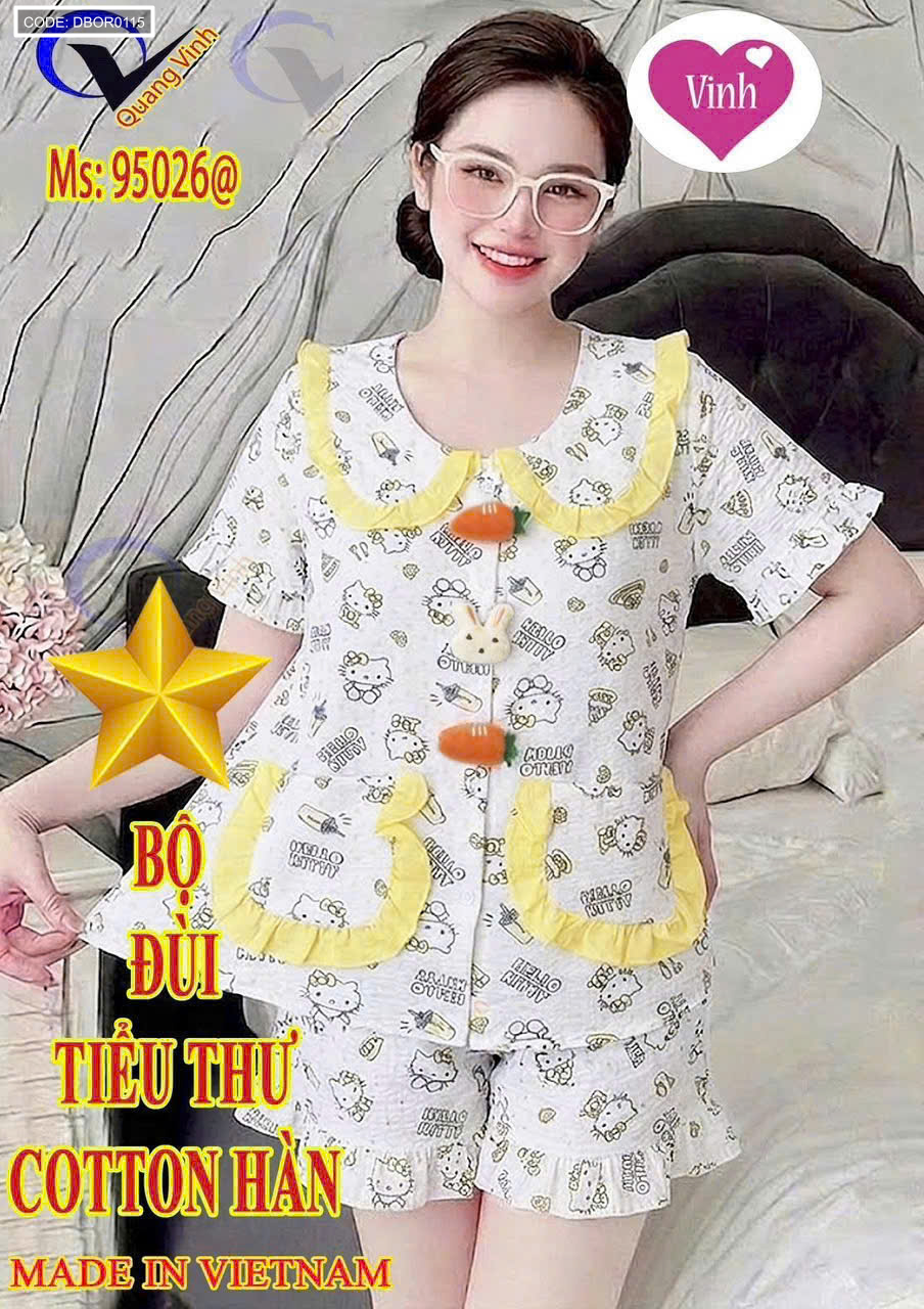 Đồ bộ nữ cổ sen quần đùi cotton hàn không giãn freesize 40-58kg QV-95026