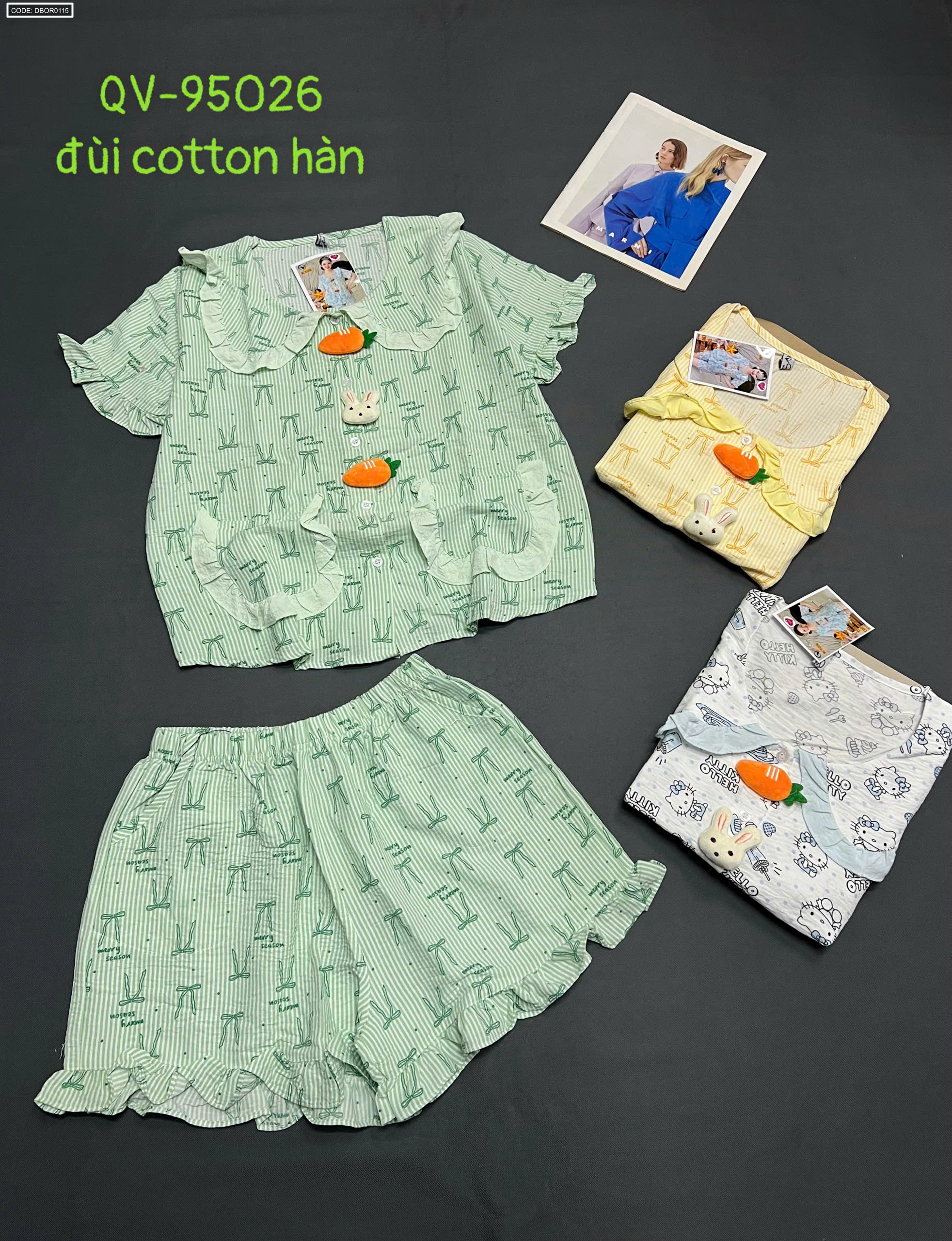 Đồ bộ nữ cổ sen quần đùi cotton hàn không giãn freesize 40-58kg QV-95026