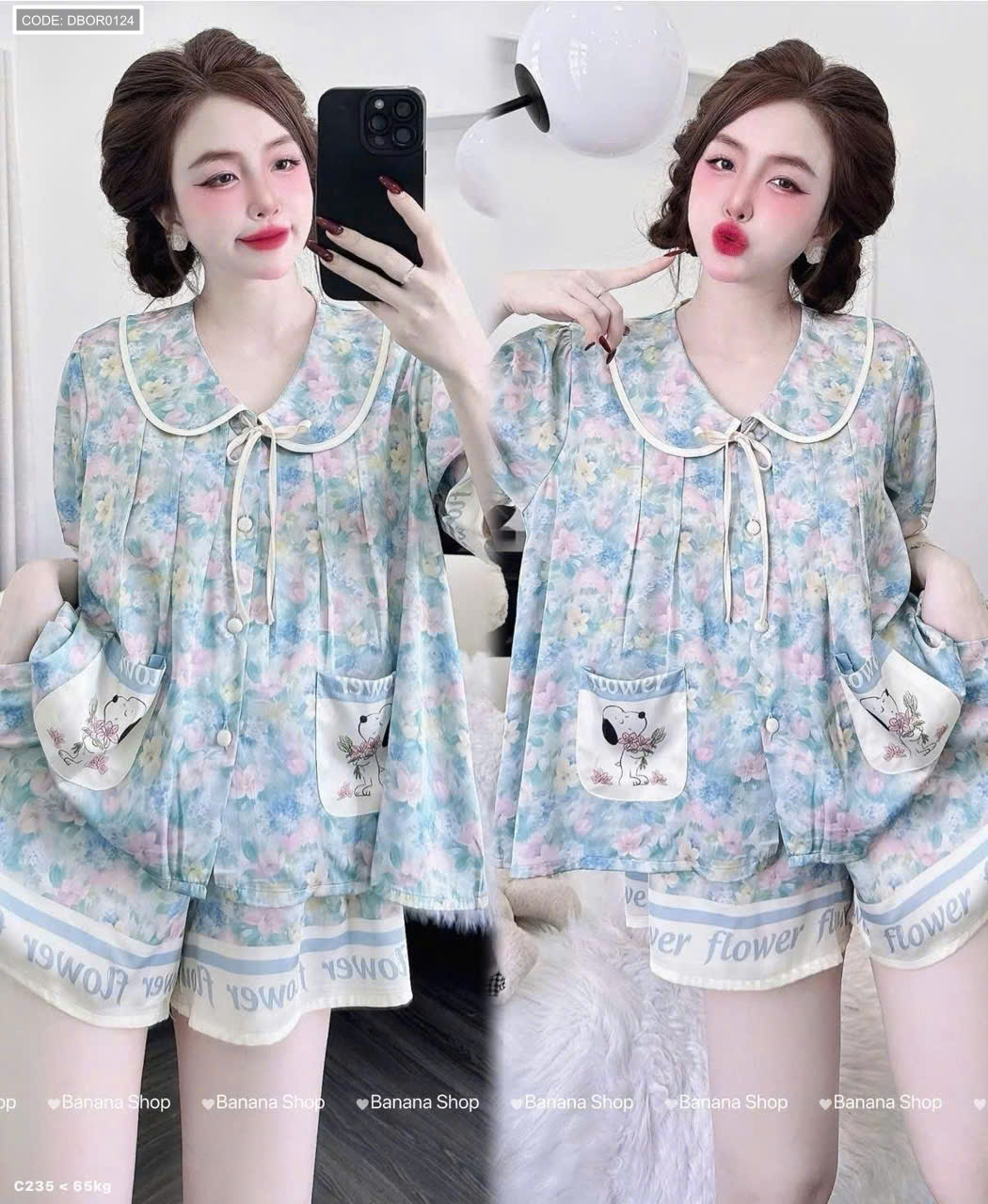 Mẫu họa tiết hoa tông xanh với cổ bo tròn mềm mại