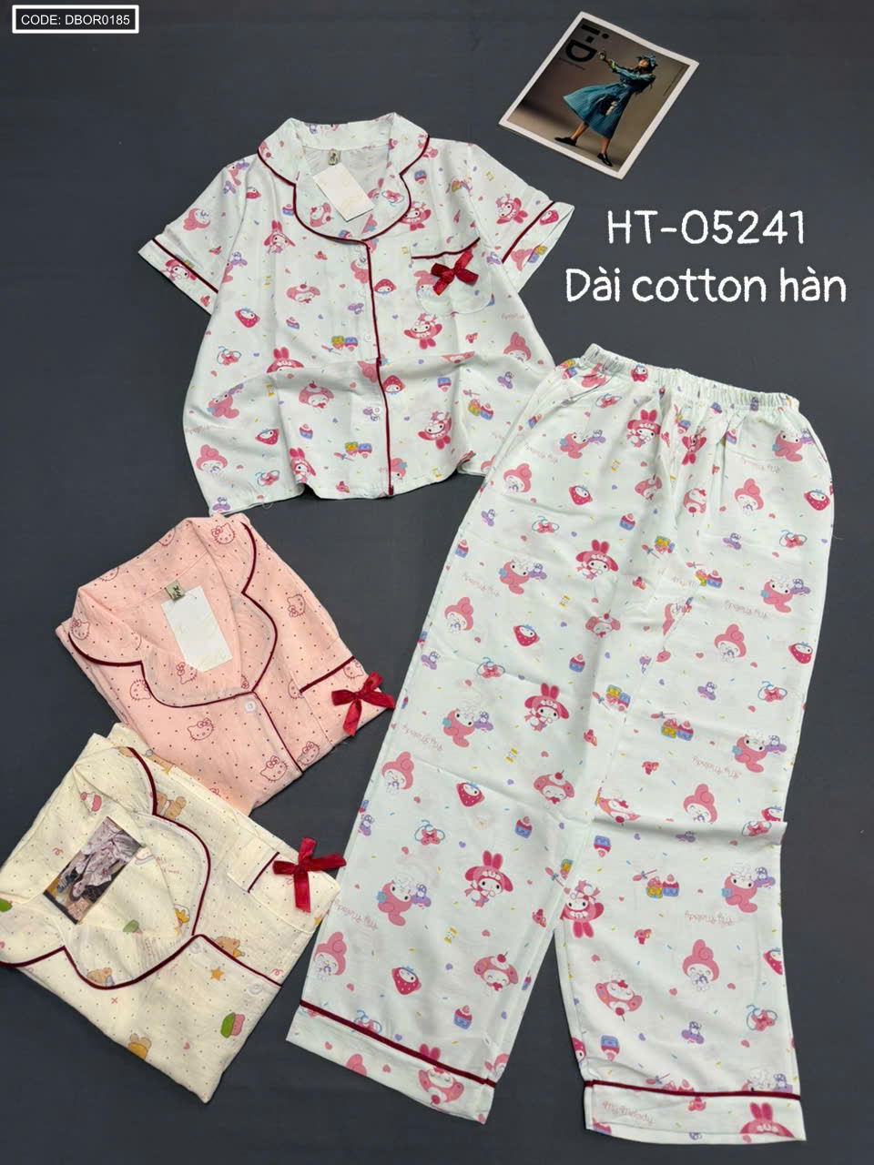 Bộ pijama nữ tay ngắn quần dài HT-05241 cotton hàn freesize 40-55kg