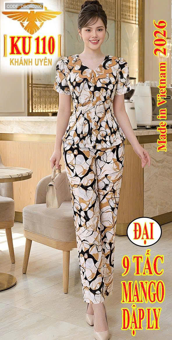 Đồ bộ nữ quần 9 tấc áo dập ly mango KU-1026
