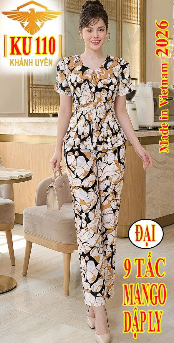 Đồ bộ nữ quần 9 tấc áo dập ly mango KU-1026