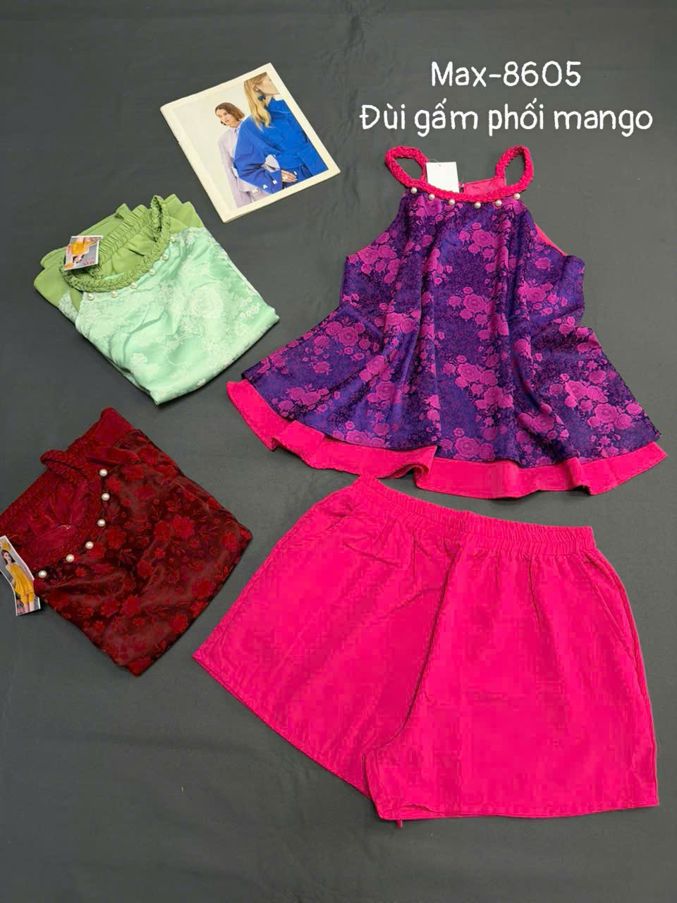 Phối vải gấm và mango trên bộ quần đùi cổ yếm