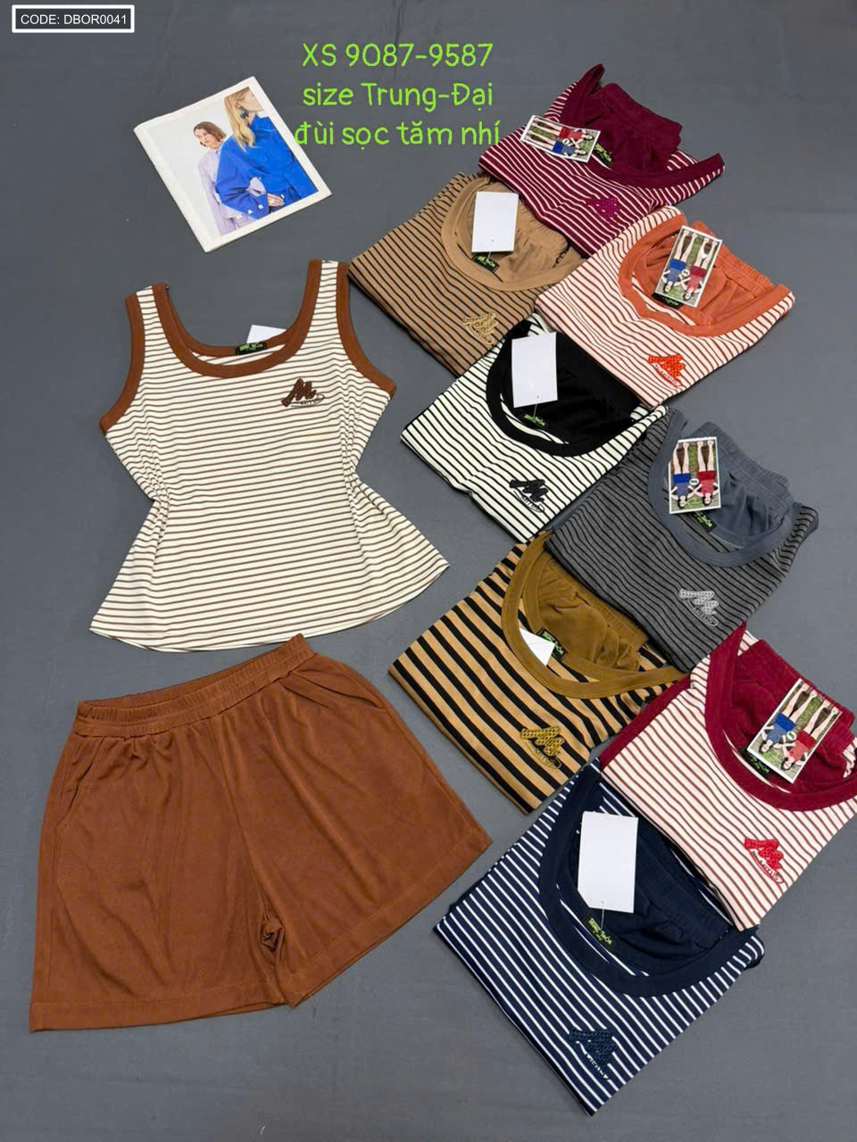 Đồ bộ nữ sát nách quần đùi XS 9087 9587 cotton 4 chiều đùi sọc tăm nhí