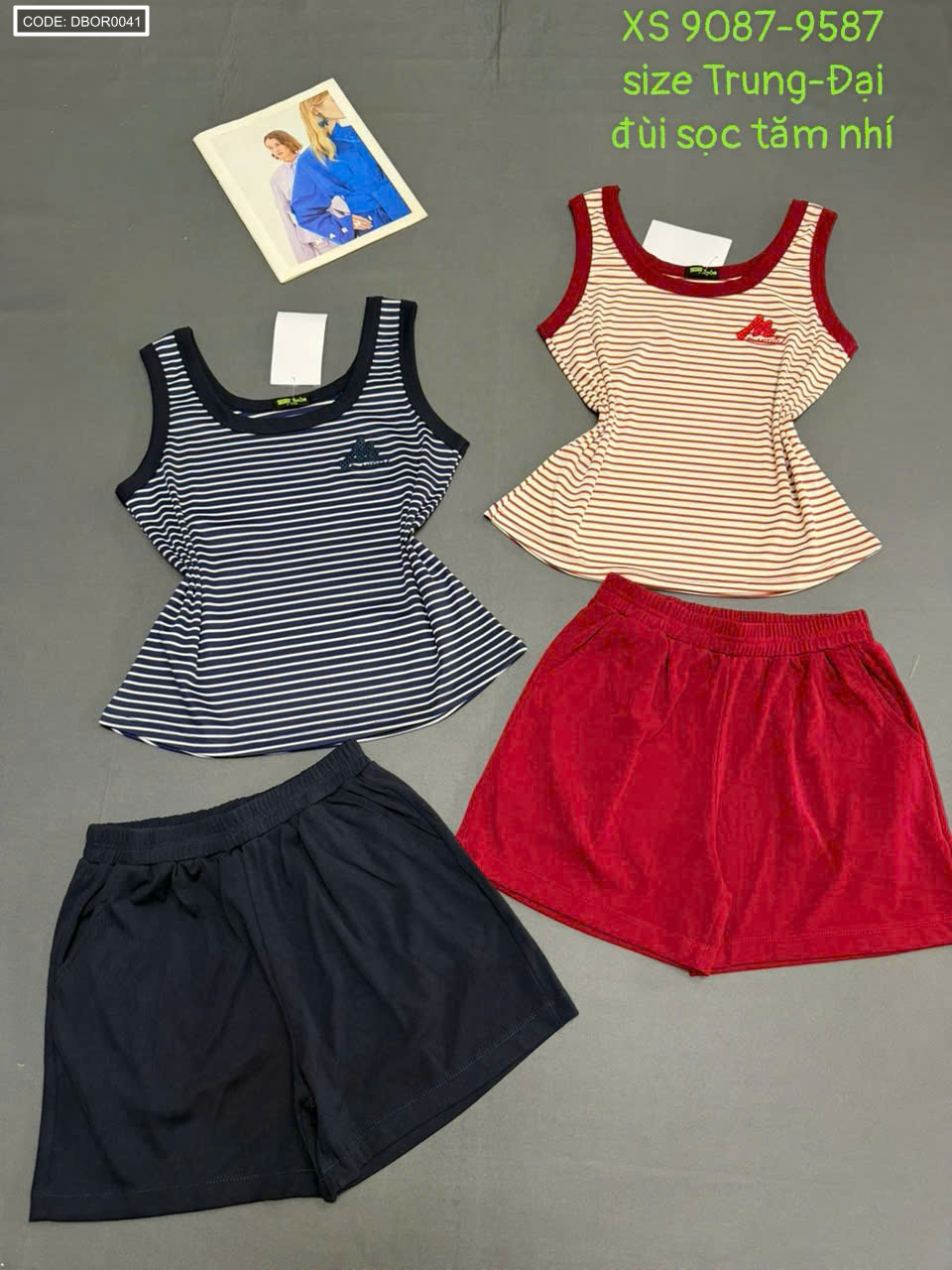 Đồ bộ nữ sát nách quần đùi XS 9087 9587 cotton 4 chiều đùi sọc tăm nhí