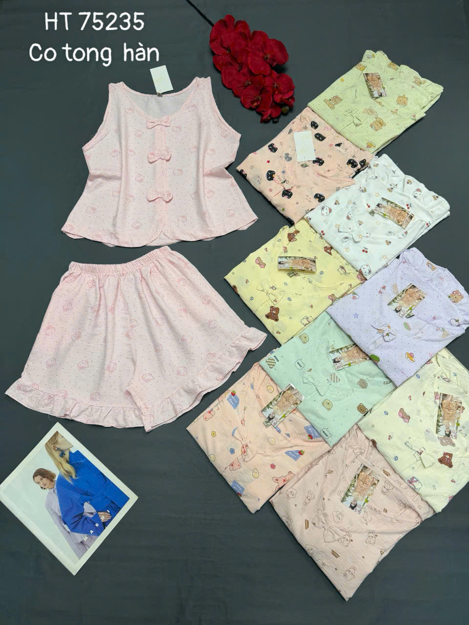 Đồ bộ nữ sát nách tiểu thư quần đùi nơ cotton hàn HT 75235