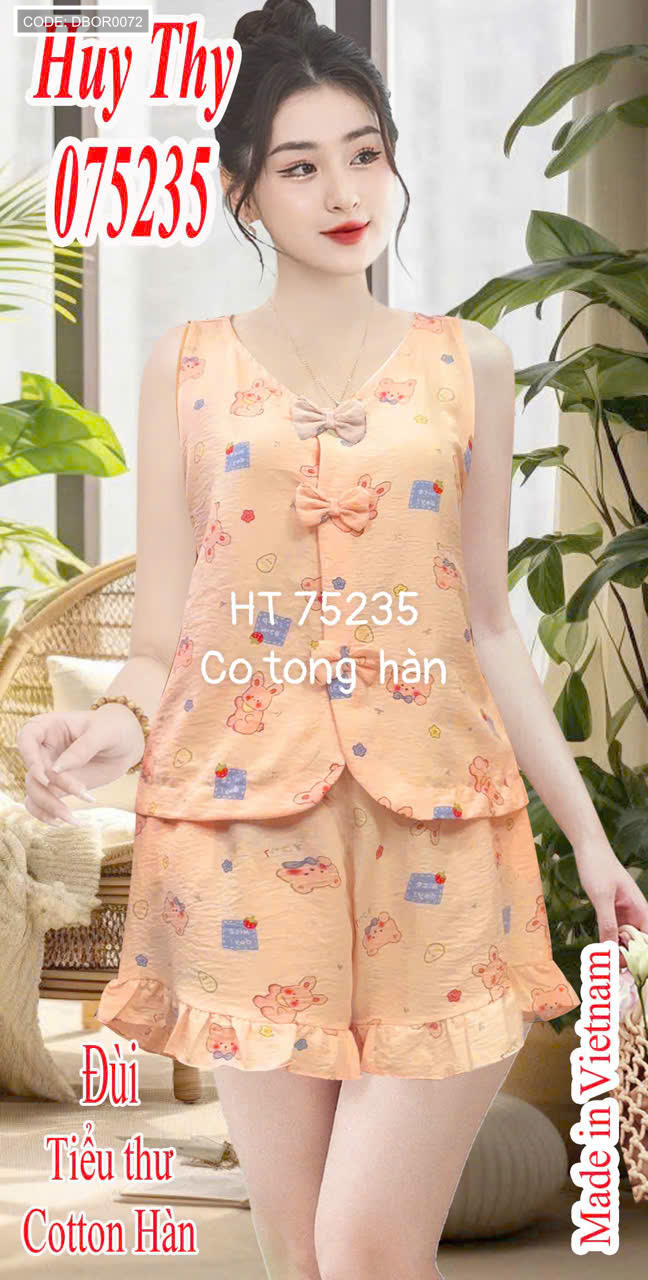 Đồ bộ nữ sát nách tiểu thư quần đùi nơ cotton hàn HT 75235