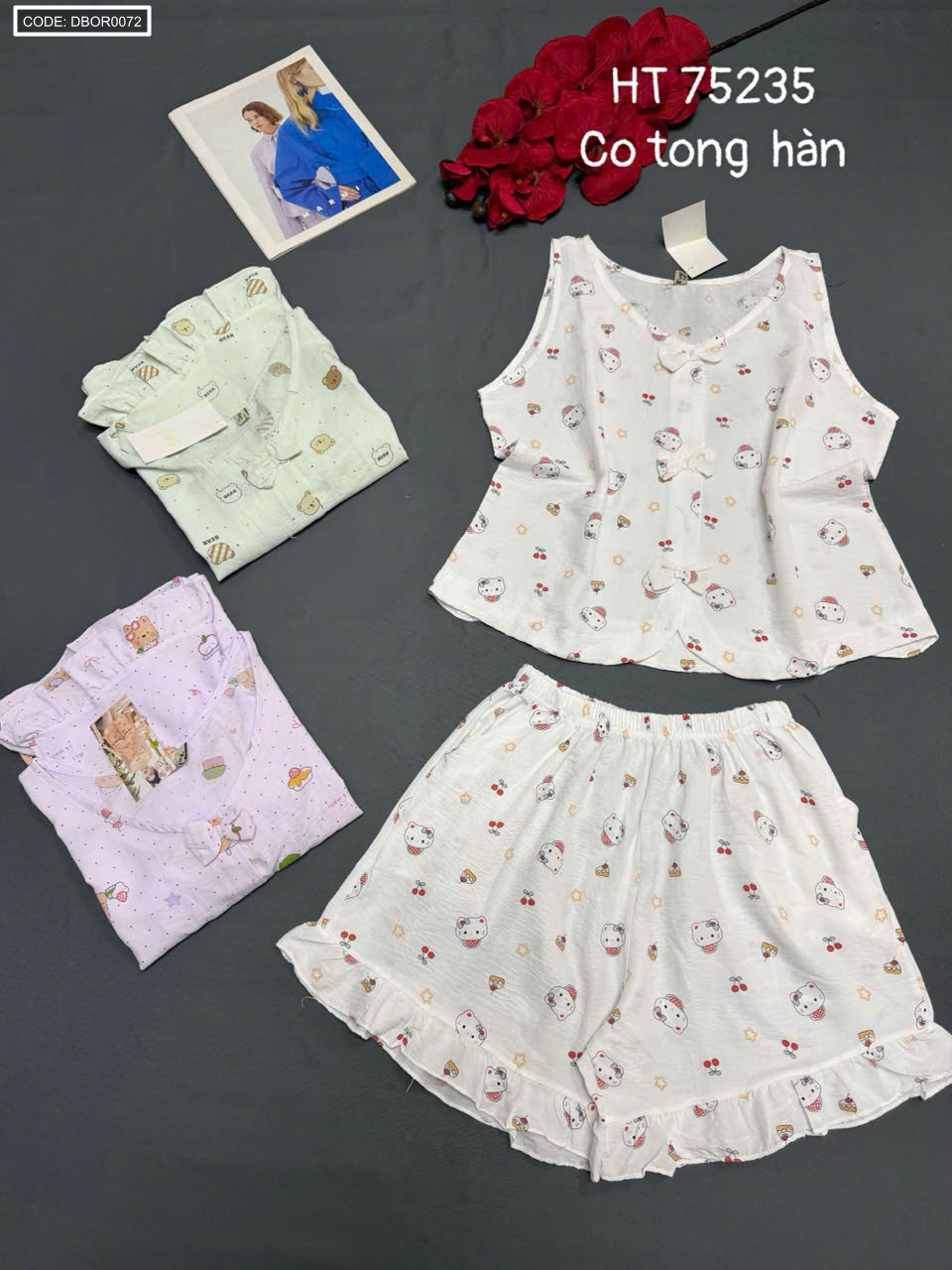 Đồ bộ nữ sát nách tiểu thư quần đùi nơ cotton hàn HT 75235