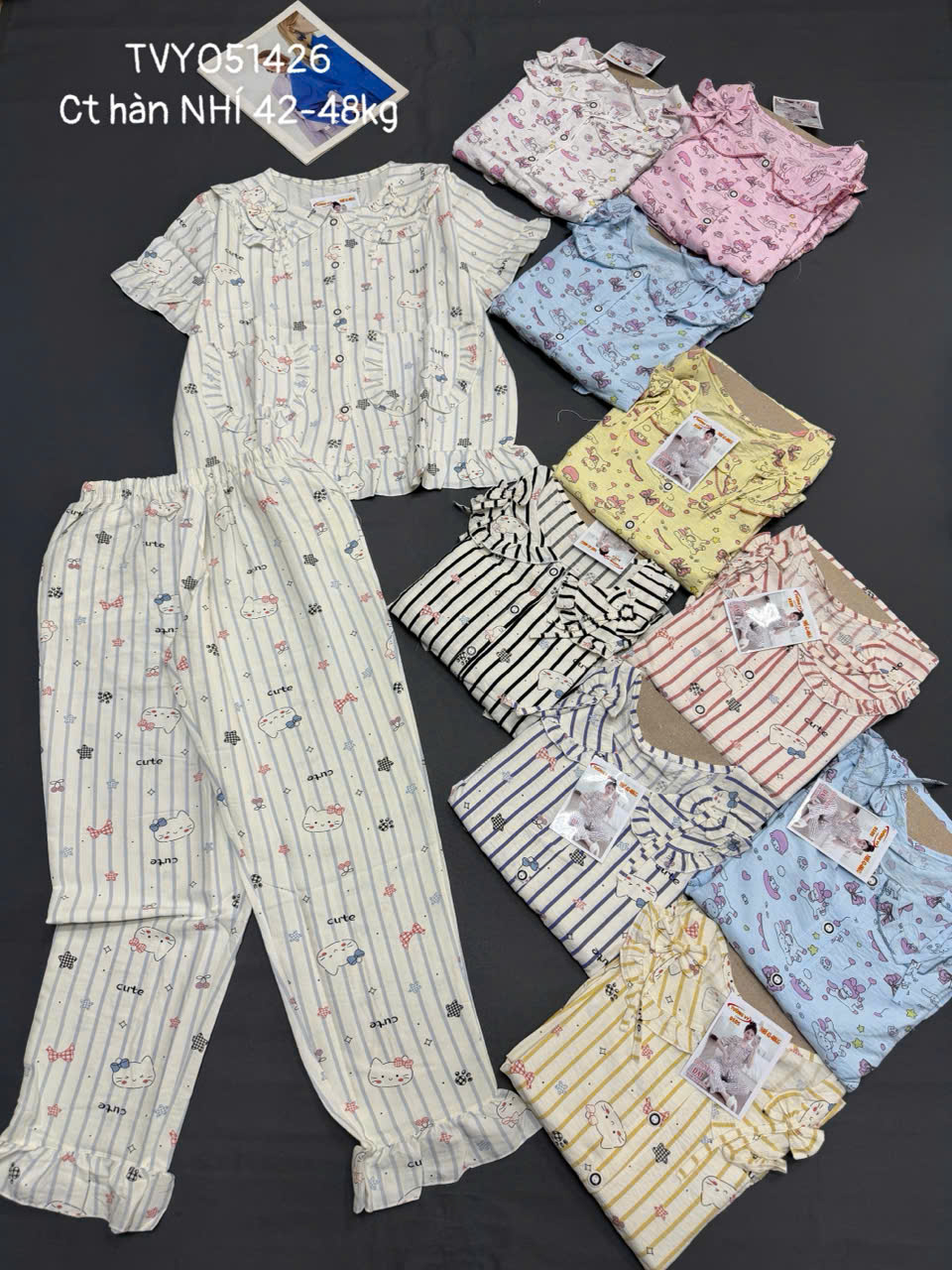 Đồ bộ nữ sát nách tiểu thư quần đùi nơ TVY051426 cotton hàn nhí 42-48kg