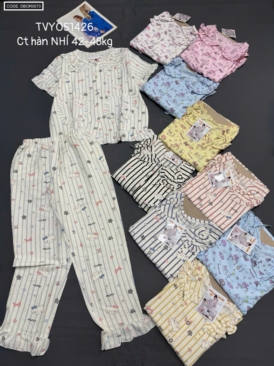 Đồ bộ nữ sát nách tiểu thư quần đùi nơ TVY051426 cotton hàn nhí 42-48kg