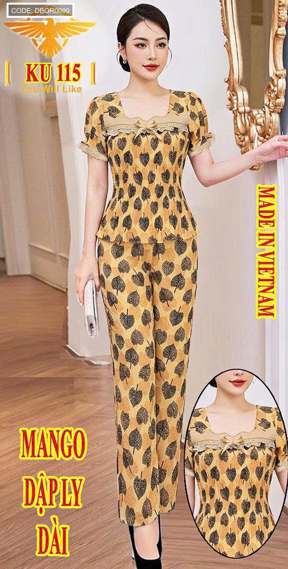 Đồ bộ nữ tay con quần dài áo xếp ly KU-1526 freesize 45-58kg
