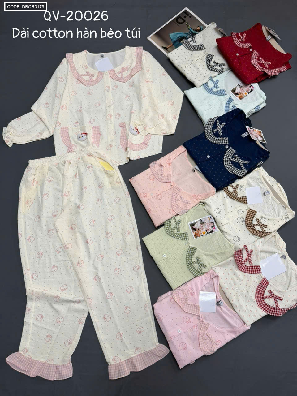 Đồ bộ nữ mặc nhà tay dài quần dài cotton hàn bèo túi QV-20026 freesize 45-58kg