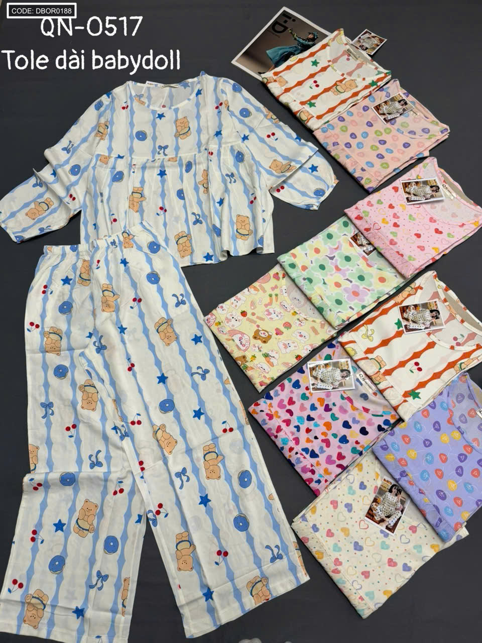 Đồ bộ nữ mặc nhà baby doll tay dài quần dài vải tole QN-0517 freesize 45-60kg