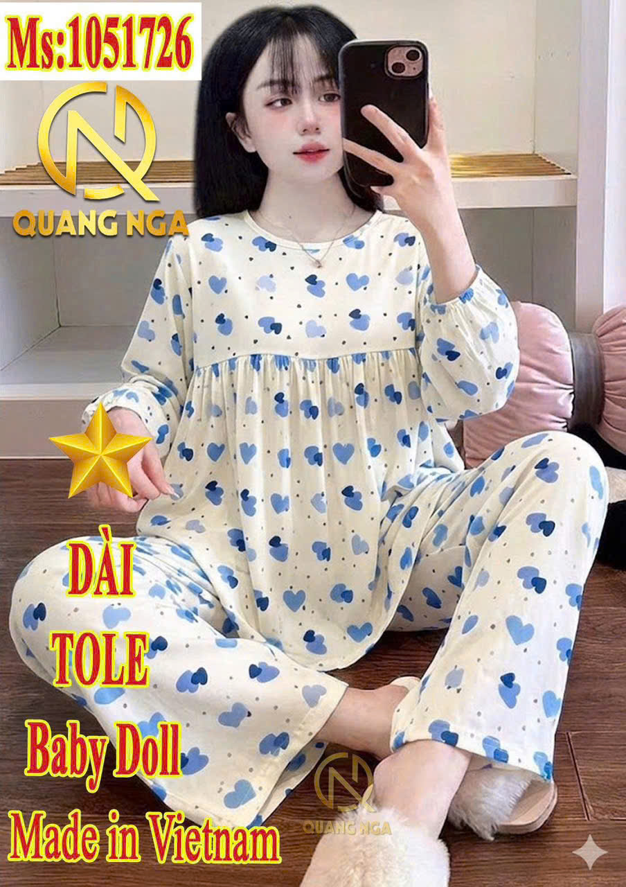 Đồ bộ nữ tay dài quần dài vải tole babydoll QN 05172 freesize 45-60kg