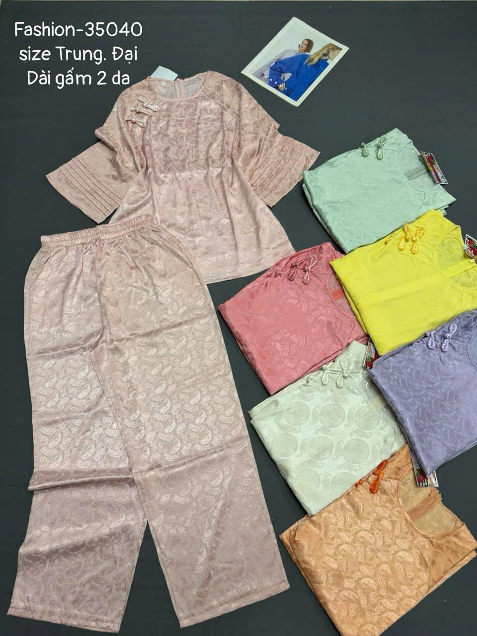Đồ bộ nữ tay lỡ quần dài gấm 2 da