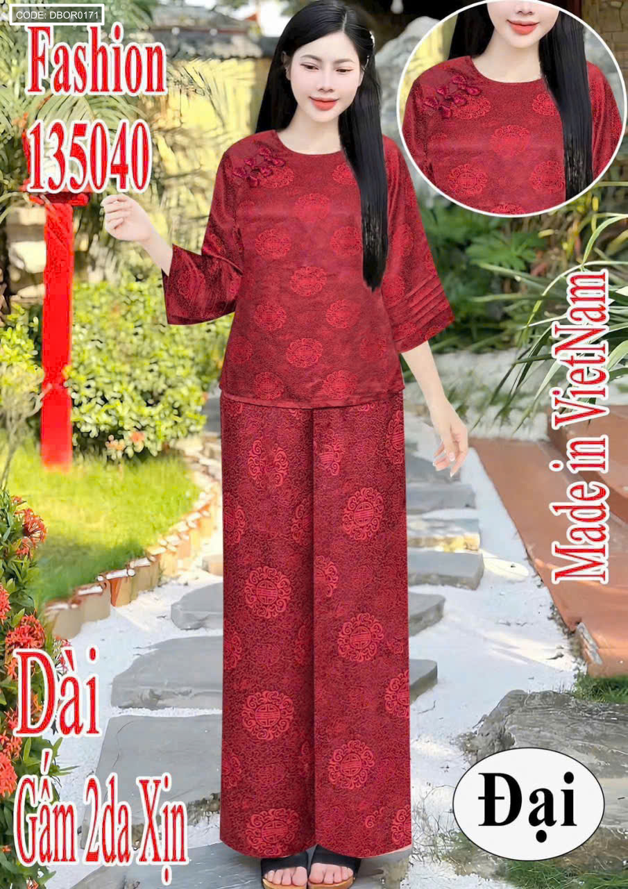 Đồ bộ nữ tay lỡ quần dài gấm 2 da