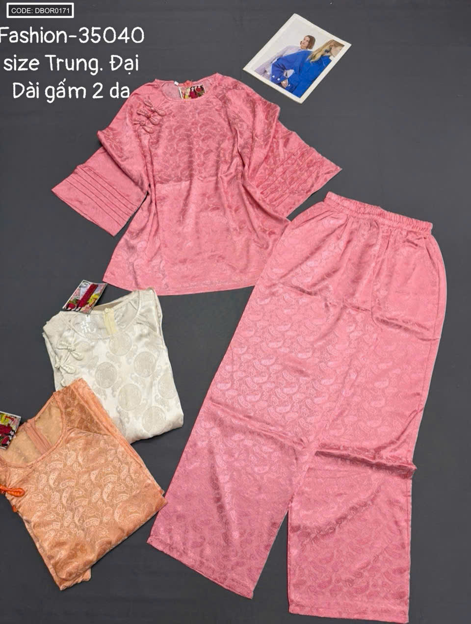 Đồ bộ nữ tay lỡ quần dài gấm 2 da